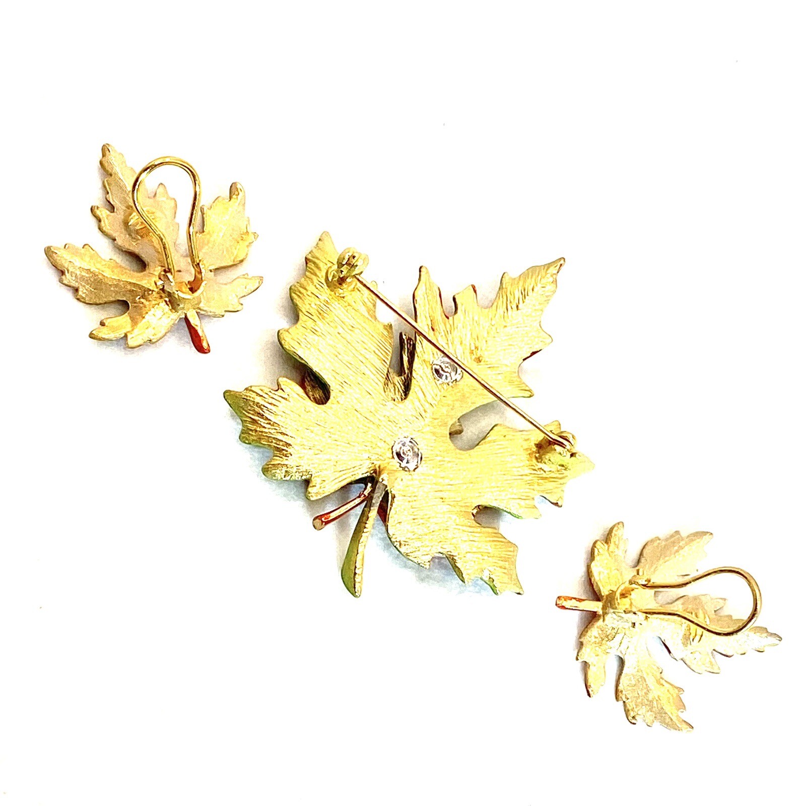 Vtg GoldTone Unmarked Brooch ClipOn Earrings 3D Fall Colors Leaves Unique Rare C