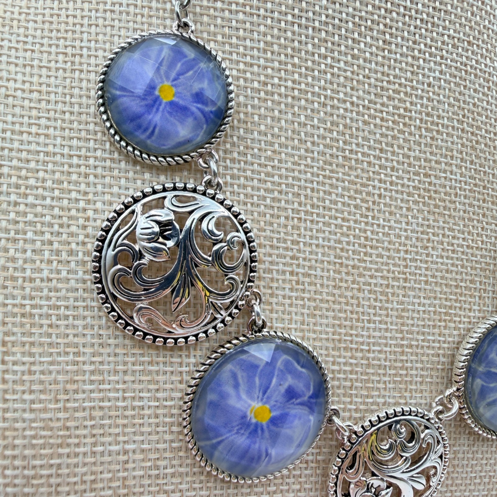 Vintage 90s Silver Tone Blue Flower Glass Cabochon Classic Fashion Jewelry Set