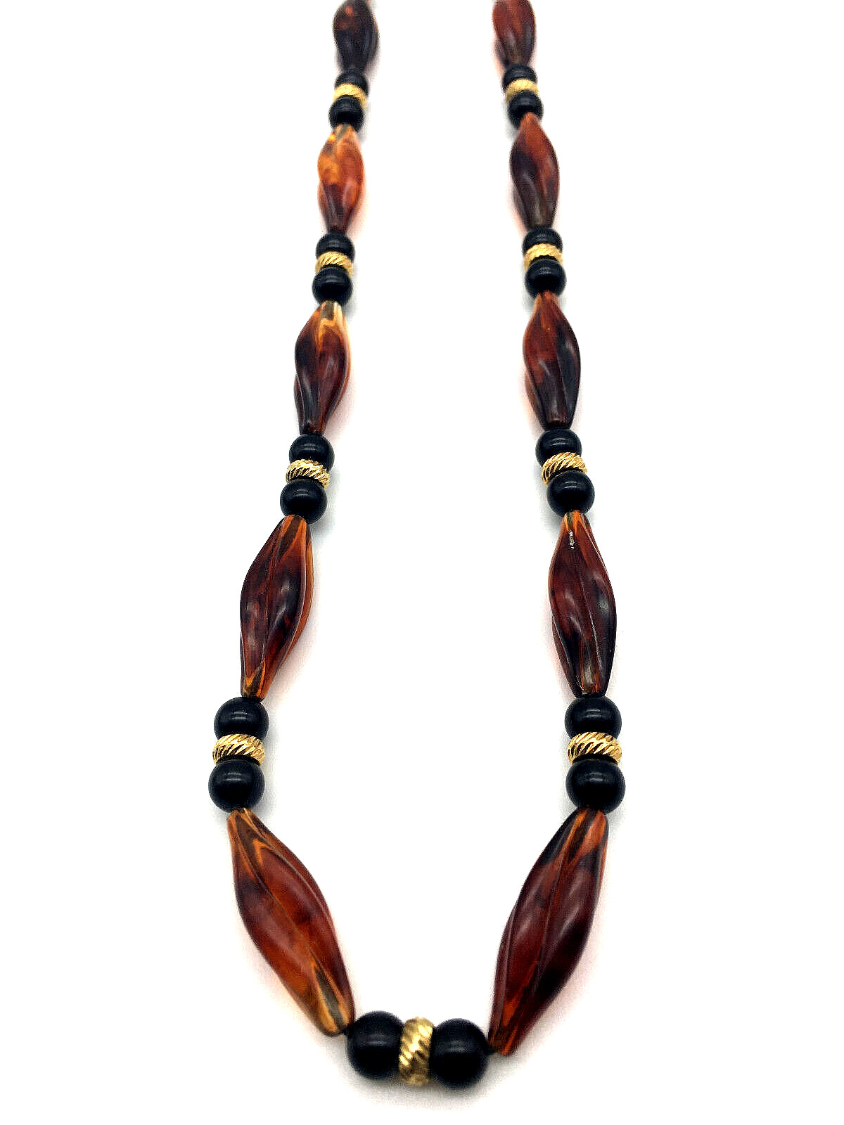Vintage Honey Amber Twisted/Black Onyx Beads 14K Gold Fill Spacers 38″ Necklace