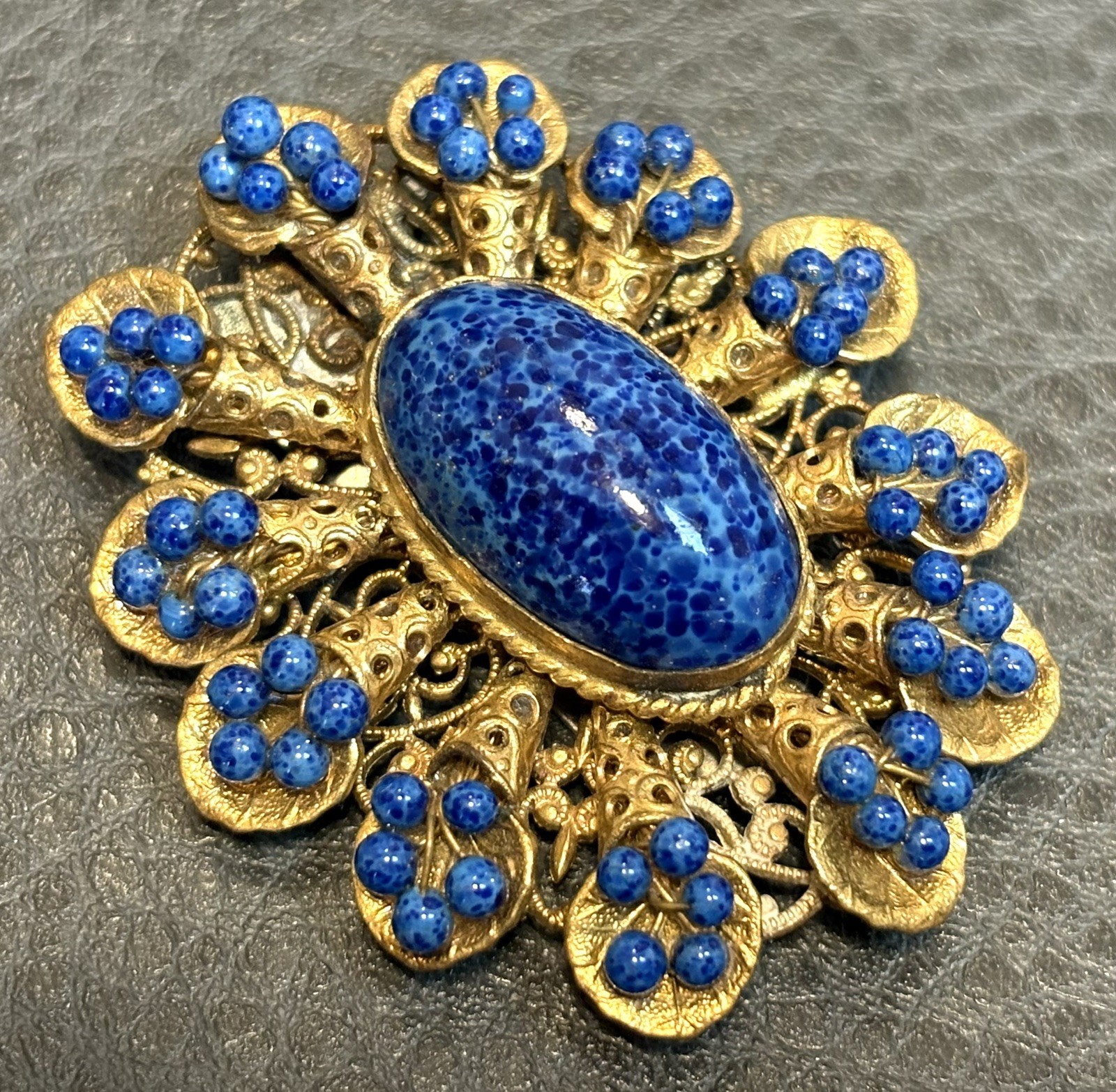 Vintage Large Faux Lapis Wire Beads Gold Tone Filigree Fur Clip Brooch