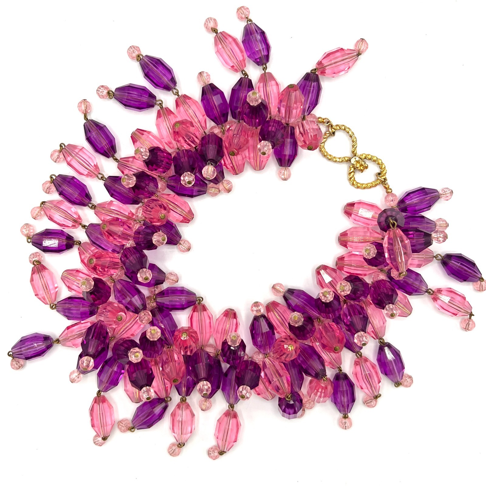 Vintage Pink Purple Faceted Bead Bib Necklace 1960s Cha Cha Fringe Necklace