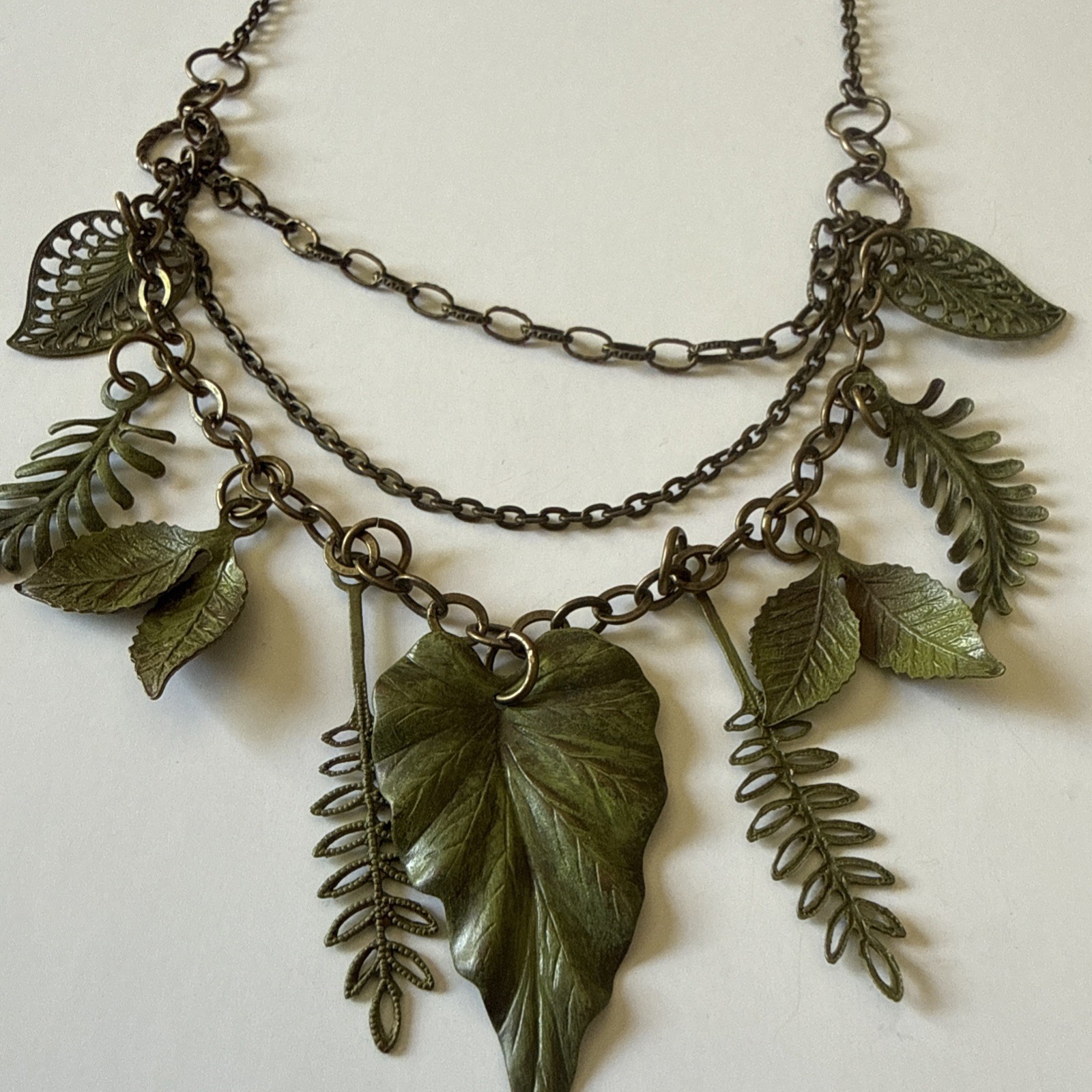 Lot Of 3 Vintage Sexy Nature Leaf Statement Metal Necklaces Gold Green & Black