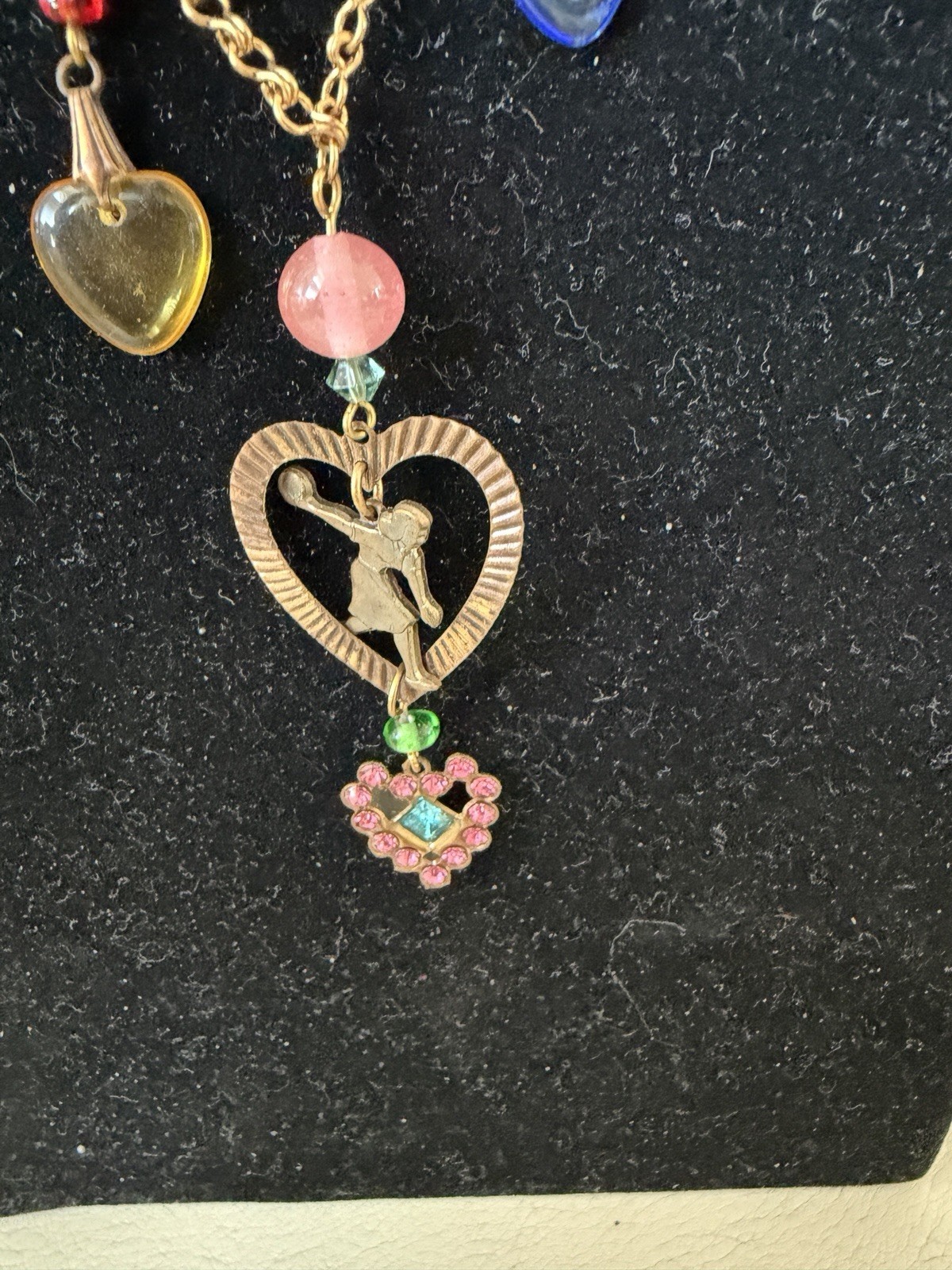 Vtg Glassworks Studio Charm Sports/Bowling Theme Heart 28″ Necklace Unsigned