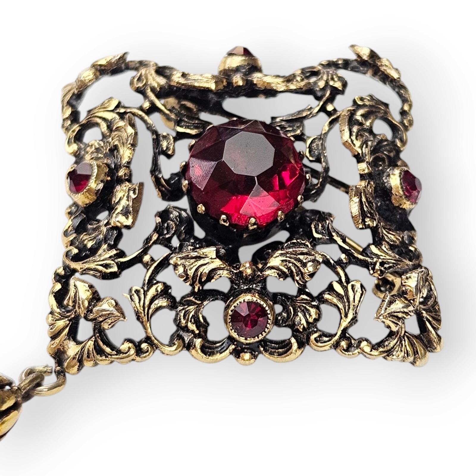 Austria Rhinestone Floral Brooch Vtg Art Nouveau Red Glass Brass Massive 4.25″