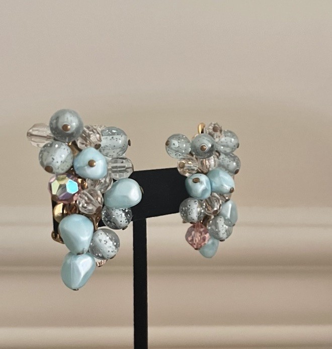 Vintage Aqua Light Blue Pink Beaded Cluster Crystal Clip On Statement Earrings