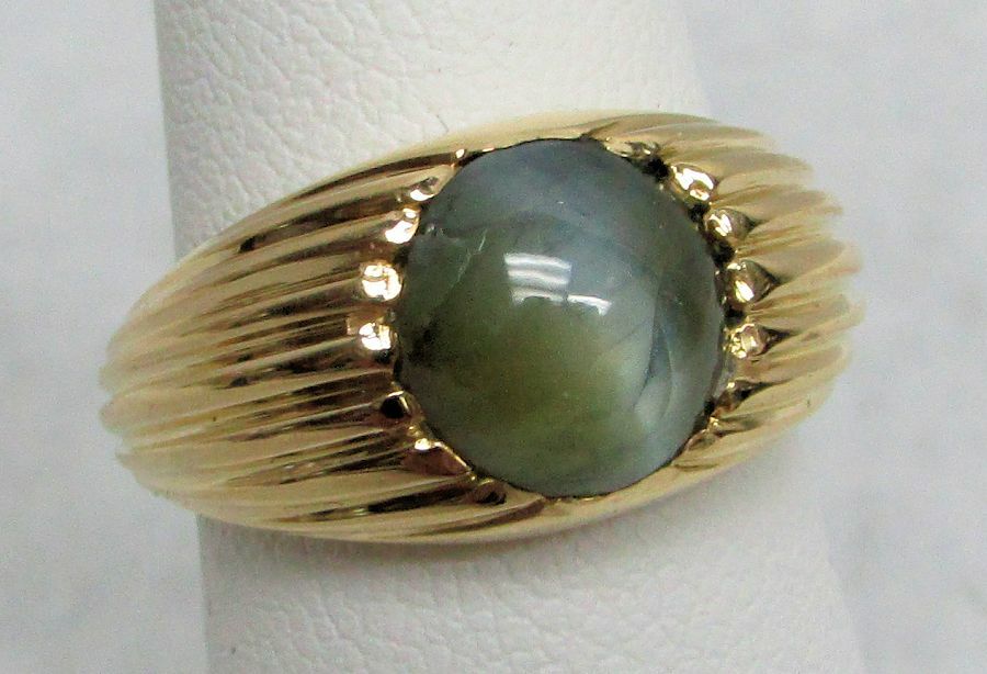 18K SOLID GOLD & 4.24ct GREEN BERYL CATS EYE STONE PINKY RING SIZE 6