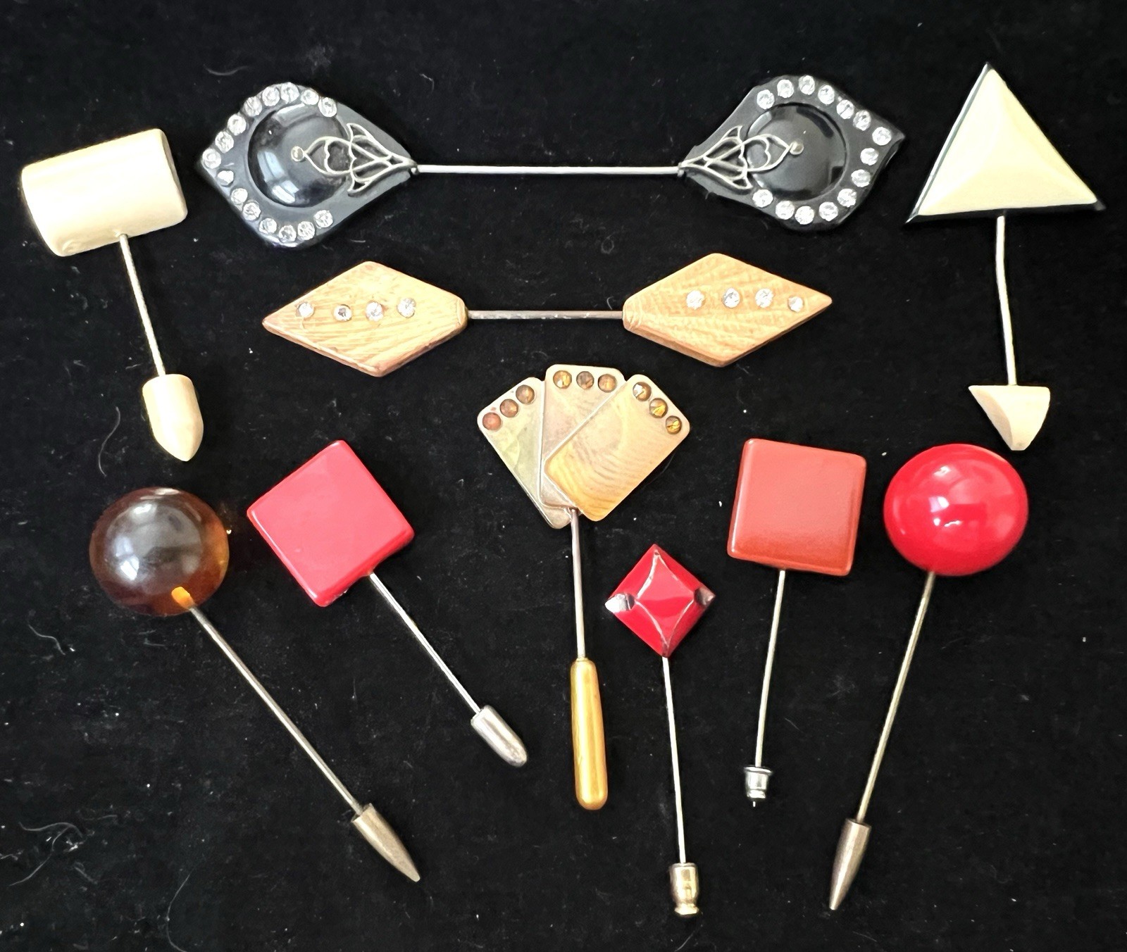 10 Art Deco Bakelite Celluloid Rhinestone Stick Lapel Jabot Hat Pins