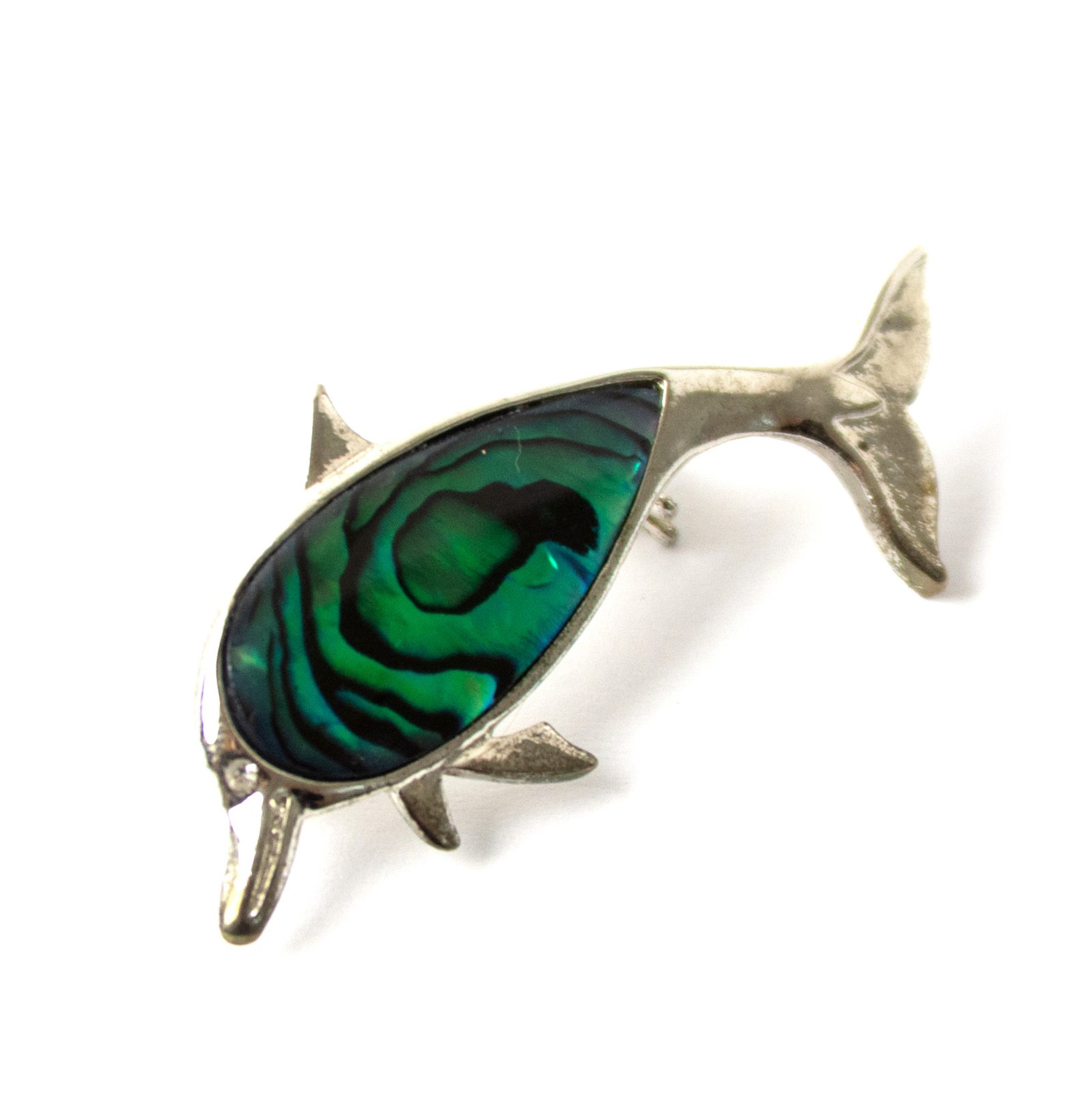 VTG New Zealand Paua Shell Dolphin Brooch Palladium Plate Abalone Jewelry 2″