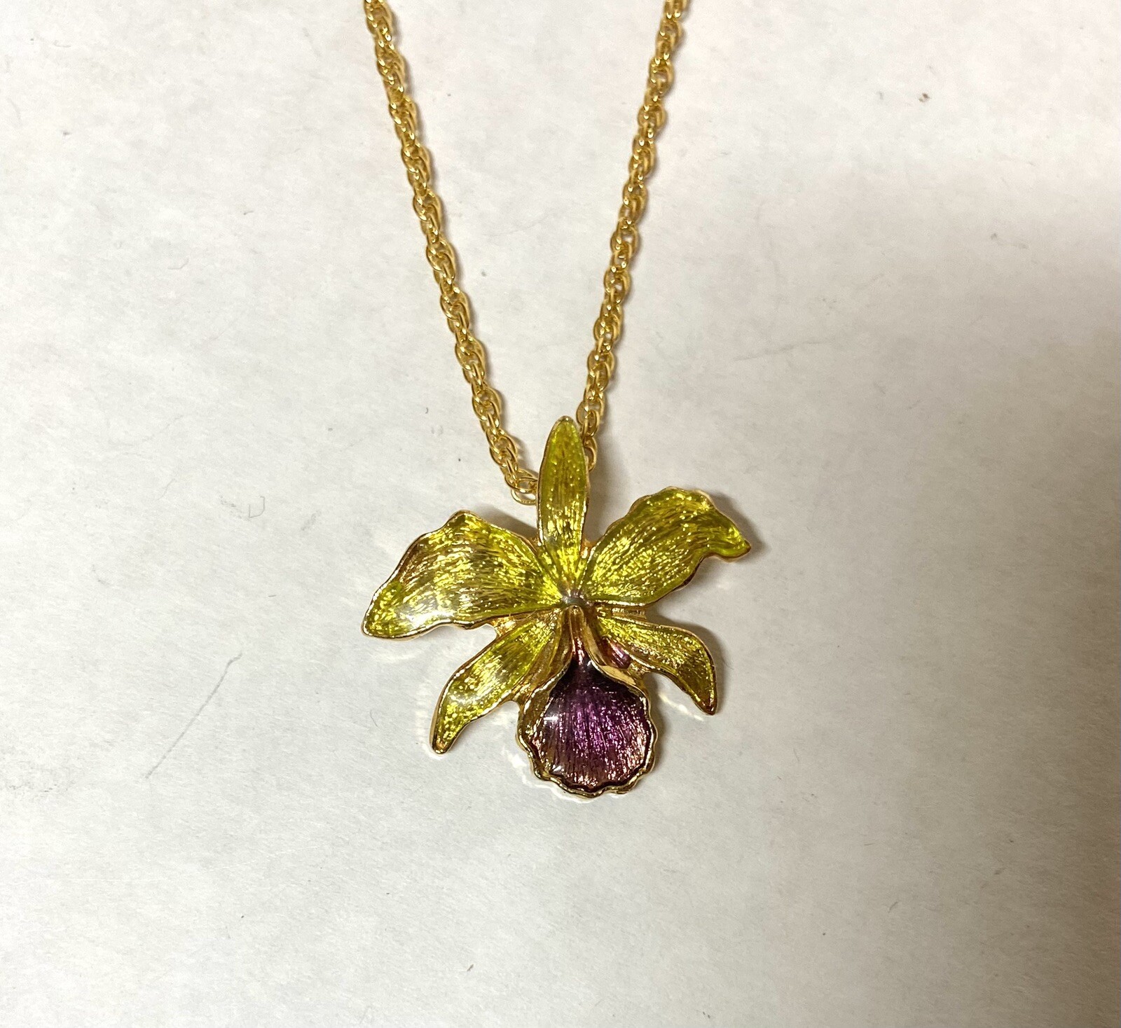 Pretty Enamel Pendant. Orchid Flower -Lime Green and Purple Enamel Necklace