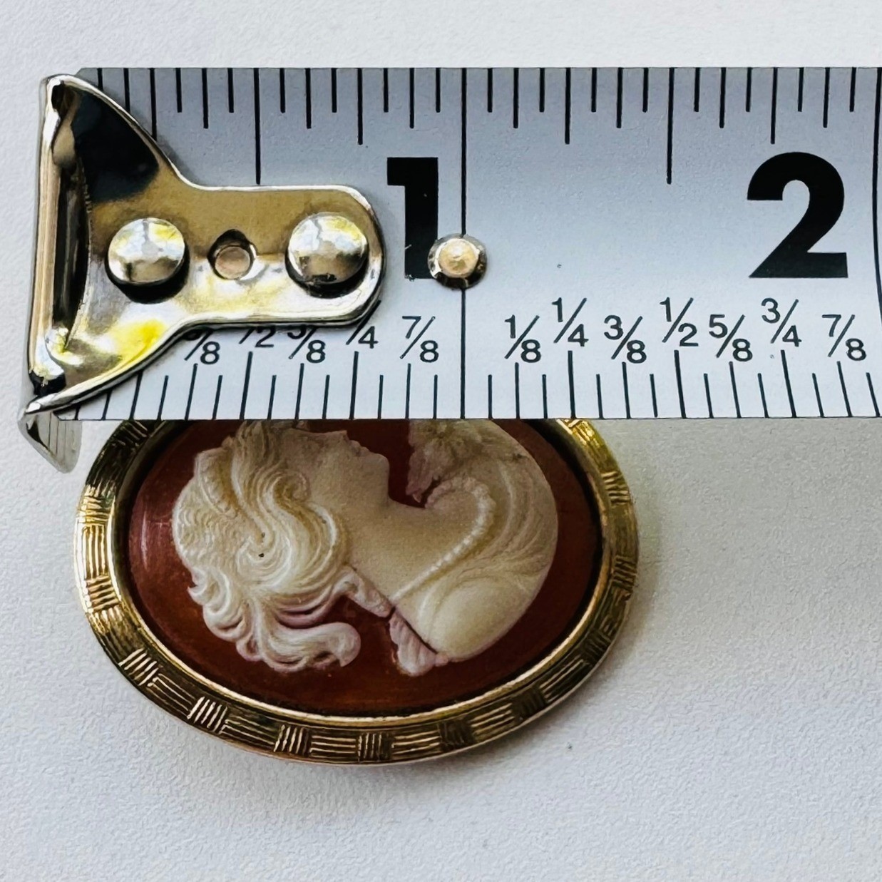 Vintage Oval Cameo Brooch Gold Tone Etched Frame Orange Cream Lady Portrait Pin