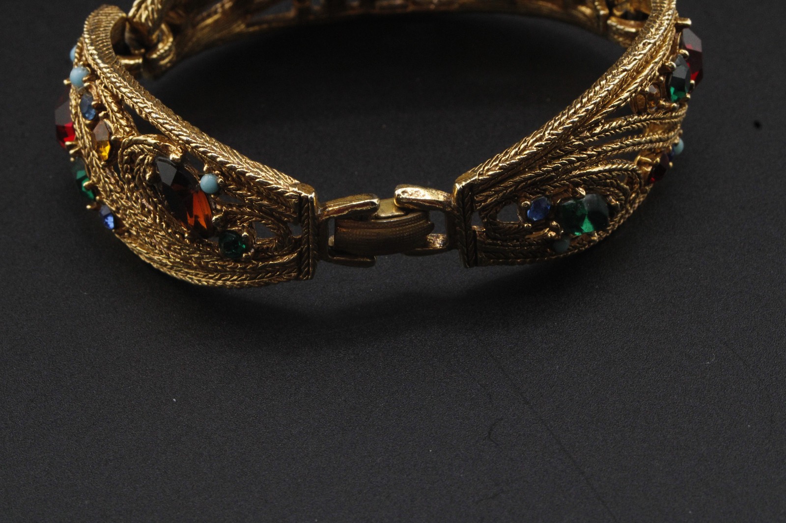 Vintage La Roco Midcentury Goldtone Tri Panel Bracelet Multitone Rhinestones