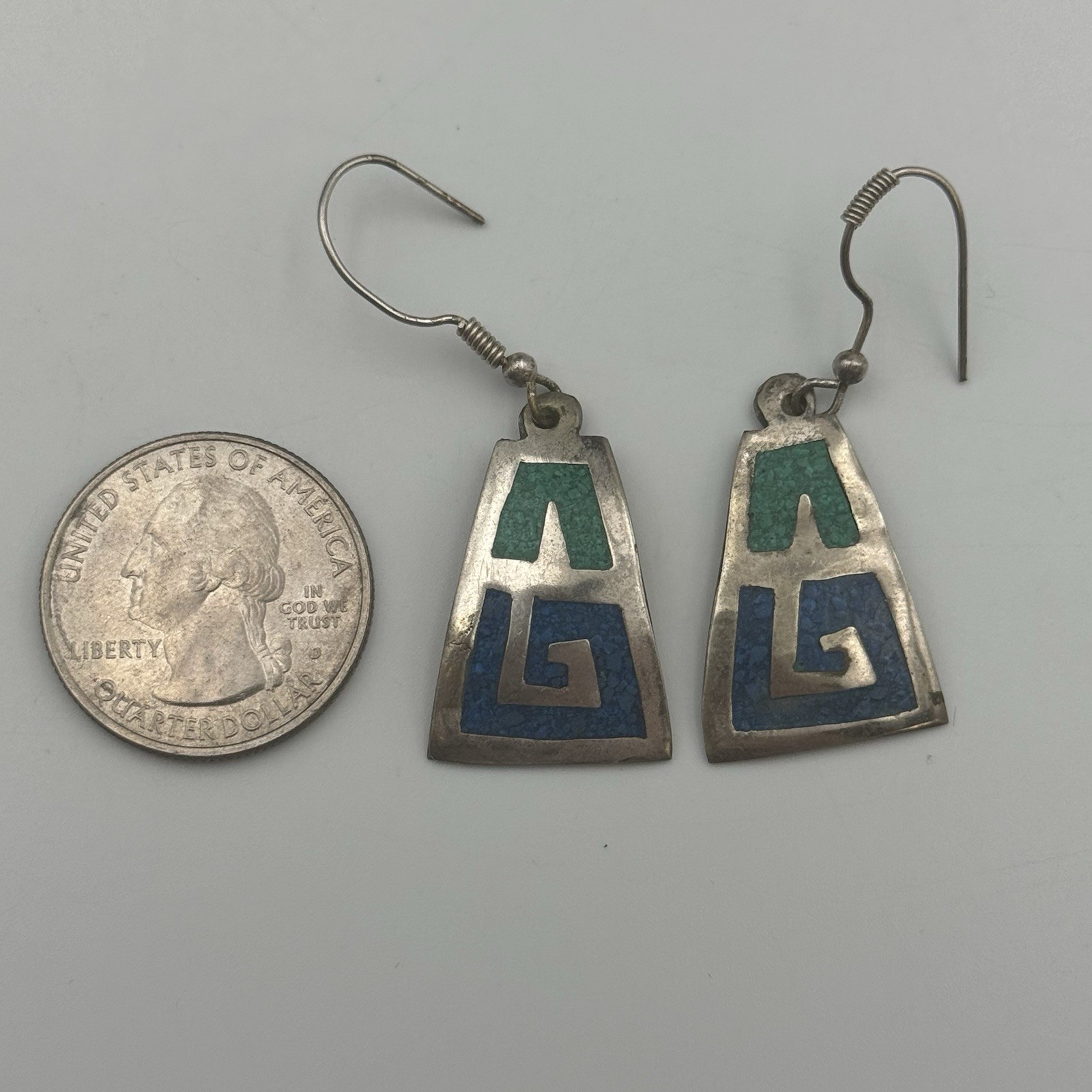925 Mexico Geometric Earrings Blue + Green Crushed Turquoise Chip Inlay 3.9g