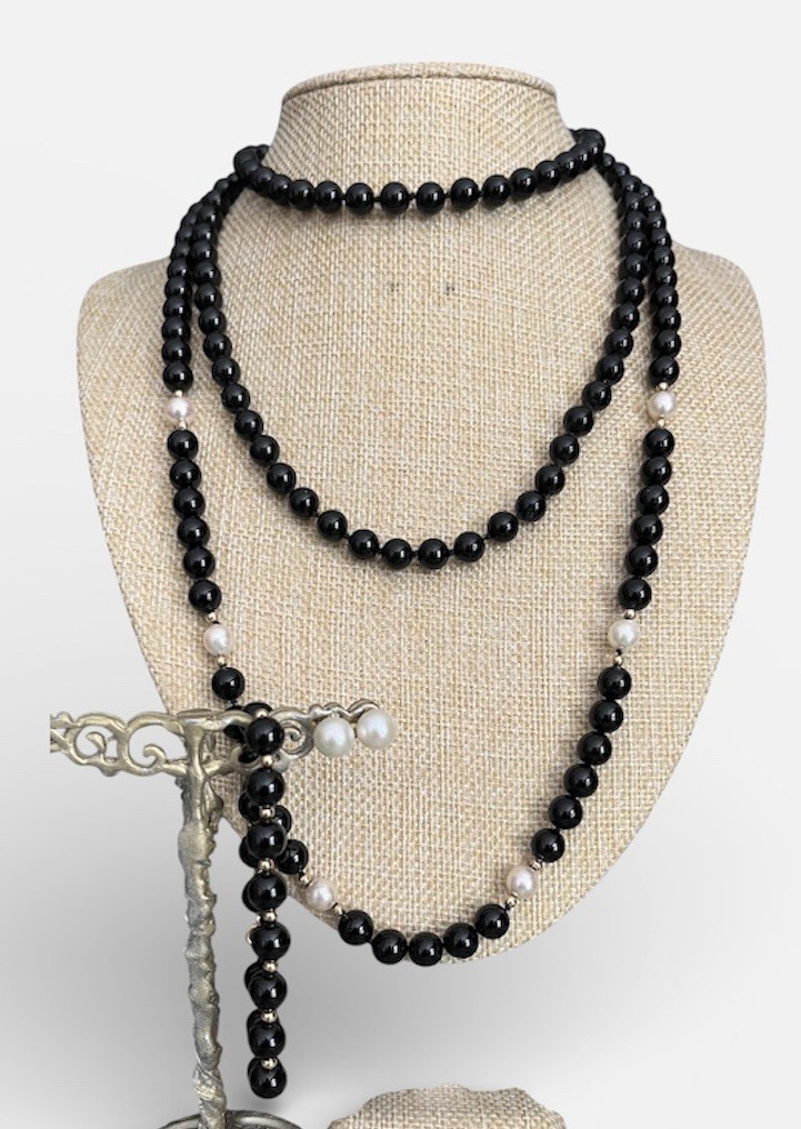 Vintage 14k Gold, Black Onyx And Genuine Pearl Jewelry Suite