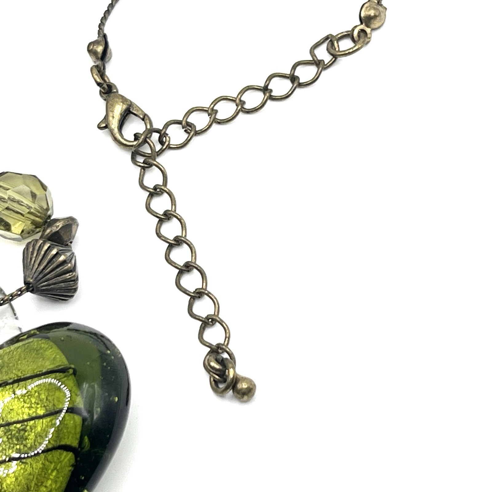 Vintage Murano Style Green Foiled Art Glass Puffy Heart Necklace 18”
