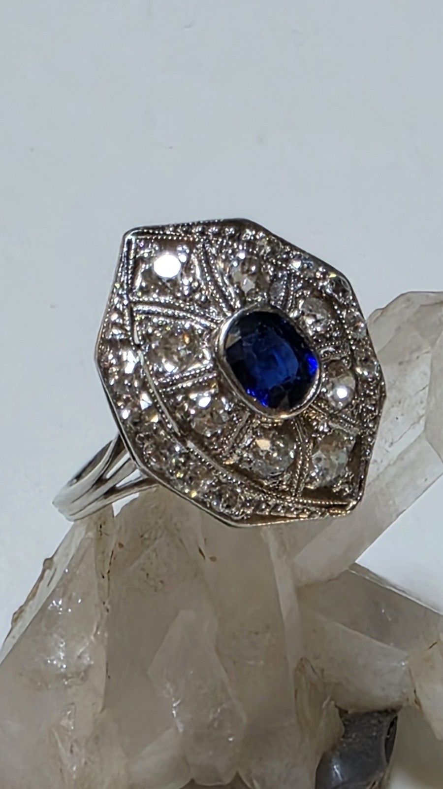 Antique Platinum Old European And Mine Cut Diamonds Blue Synthetic Sapphire Ring