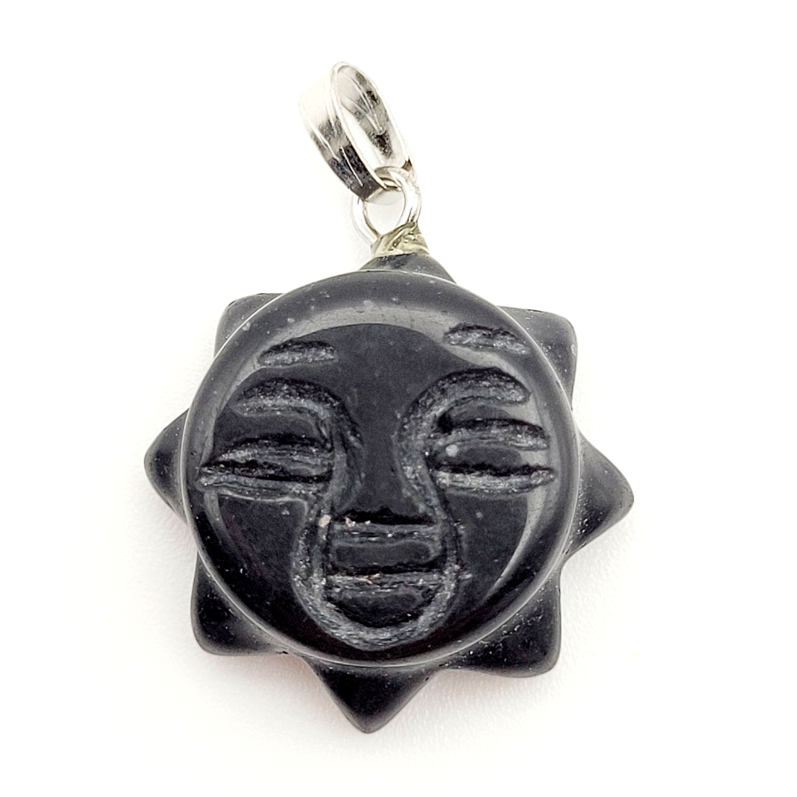 Obsidian Sun Face Black Carved Stone Silver Tone Bail Pendant Charm No Chain