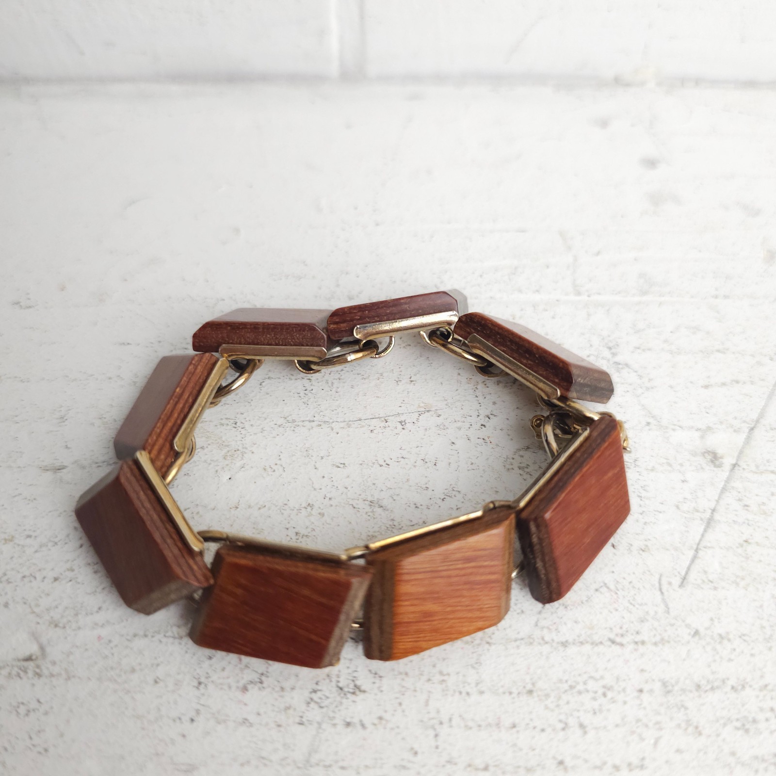Vtg Modernist MCM Wood Tile Link Bracelet Boho 1960s 70s Earthy Natural Minimal
