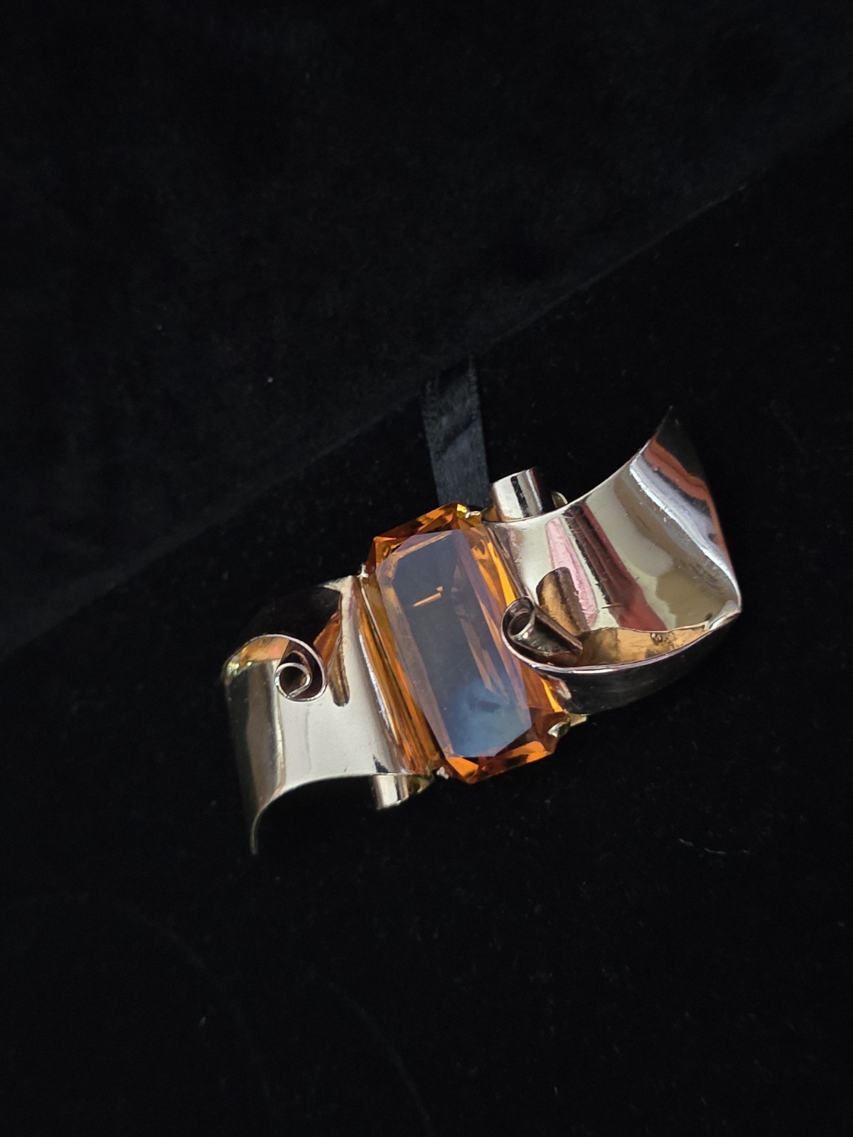 Coro Signed 1942 “Massive Wave” Brooch – Amber Glass – Designed byAdolph Katz