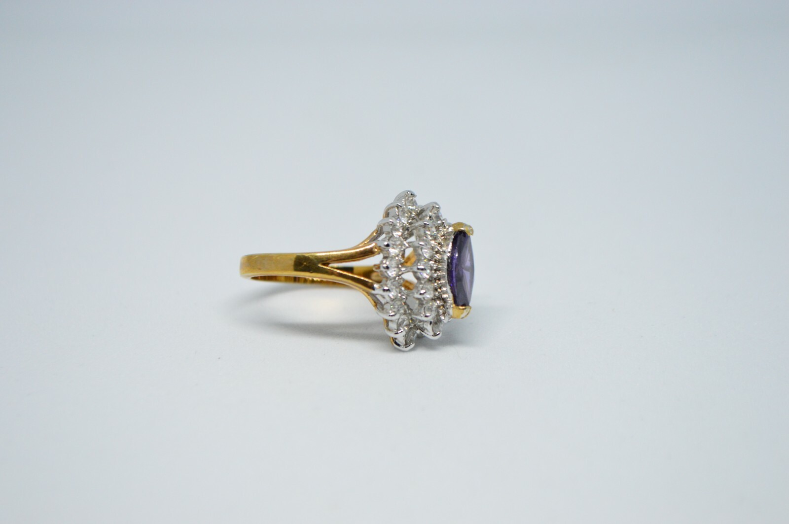 Purple Clear Glass Rhinestone Cocktail 14kt Gold Plated HGE Ring Size 7.5