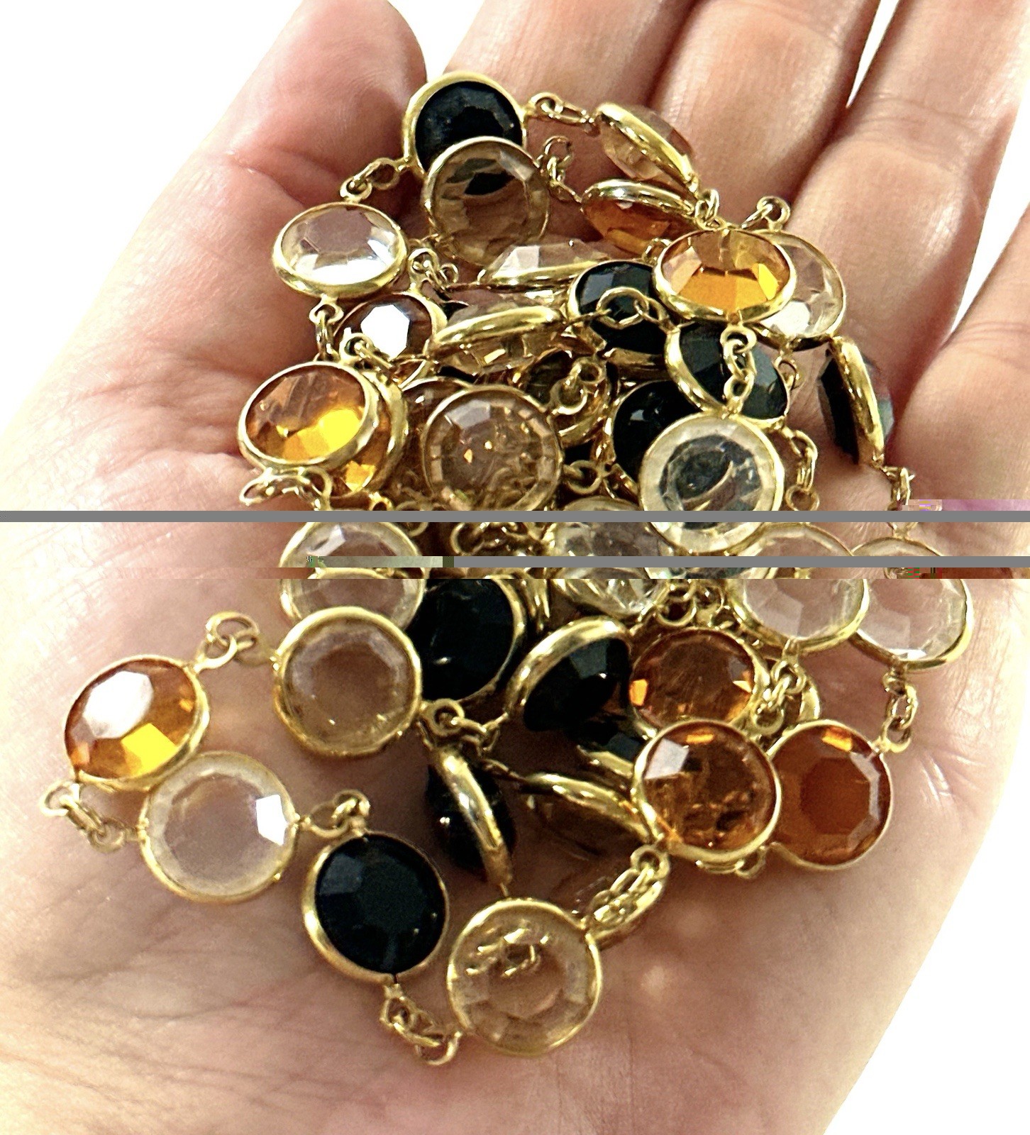 Long Gold Tone Station Necklace Amber Black Clear Faceted Crystal Bezel Set 36”
