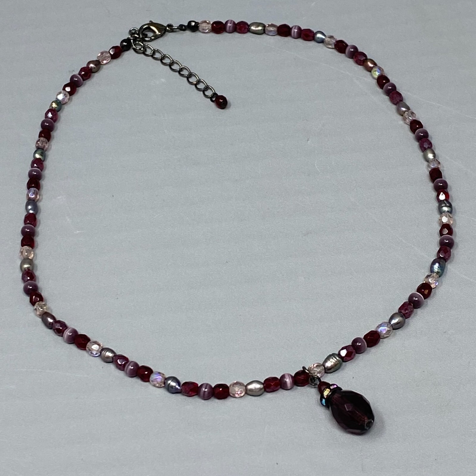 Red Pendant Necklace Teardrop Faceted Glass Purple Cats Eye Dainty Iridescent AB