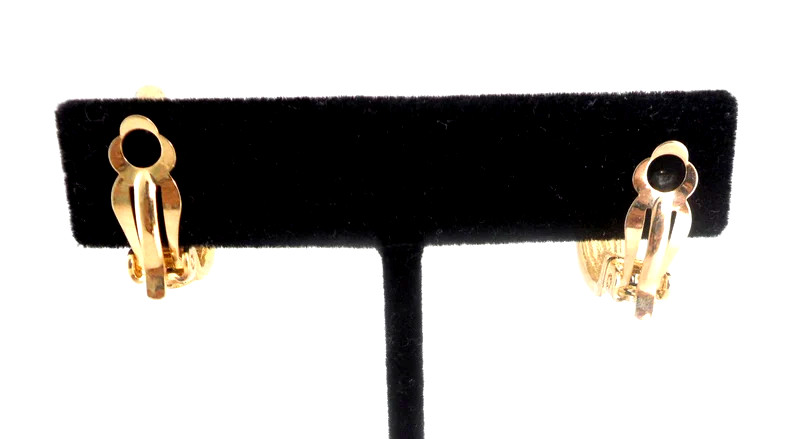 Buckle Earrings Clip On Half Hoops Gold Tn Rhinestones Unsigned ESPO Dead Stock