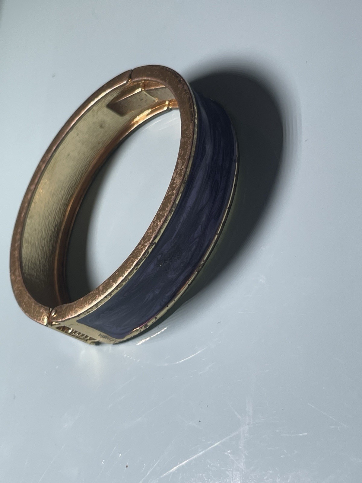 Vintage Purple Swirl Enamel Hinged Bangle Bracelet Gold Tone Clamper Cuff boho