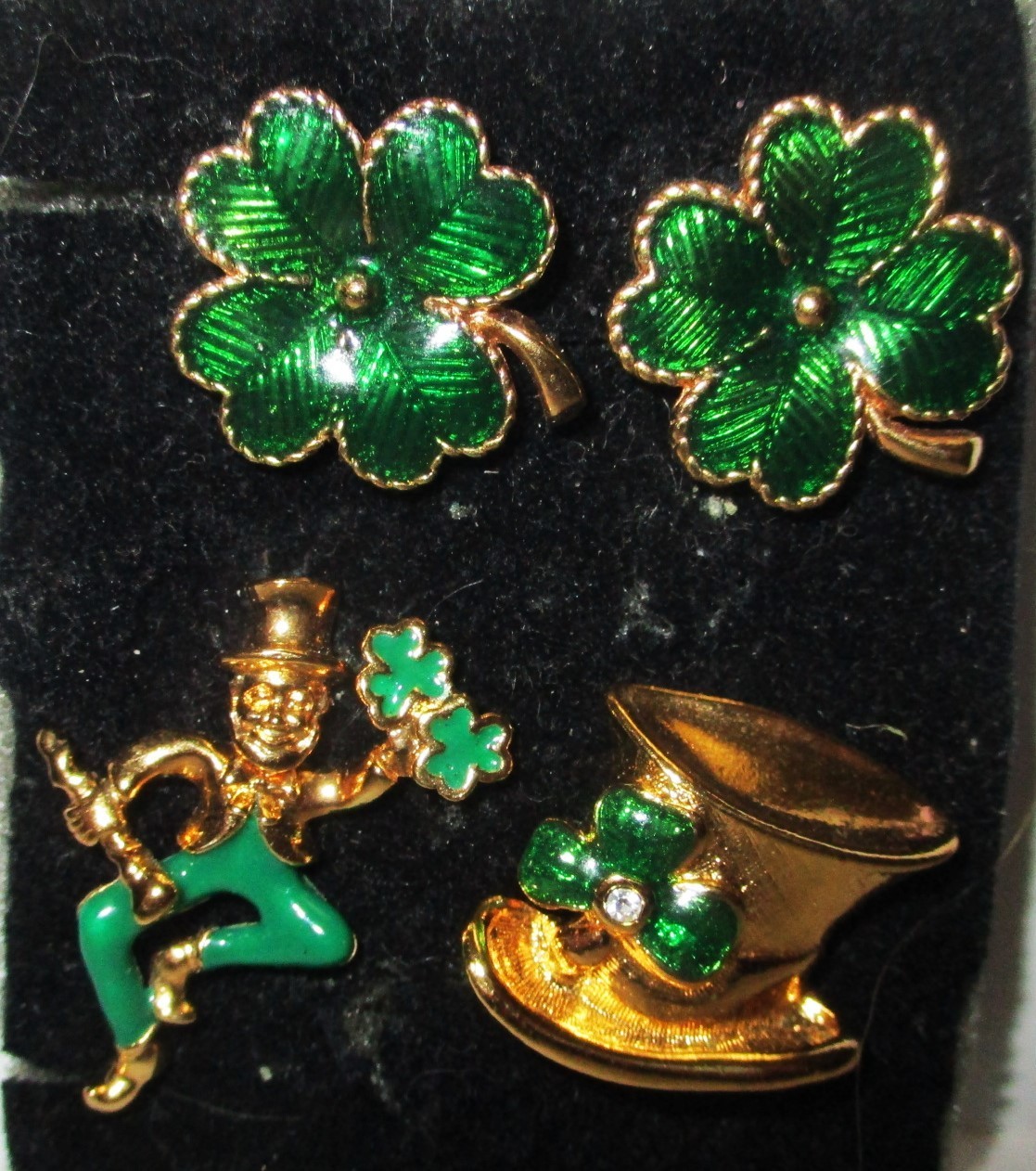 VINTAGE AVON ST PATRICK’S DAY SHAMROCK ENAMEL EARRINGS + 2 IRISH PINS,LEPRECHAUN