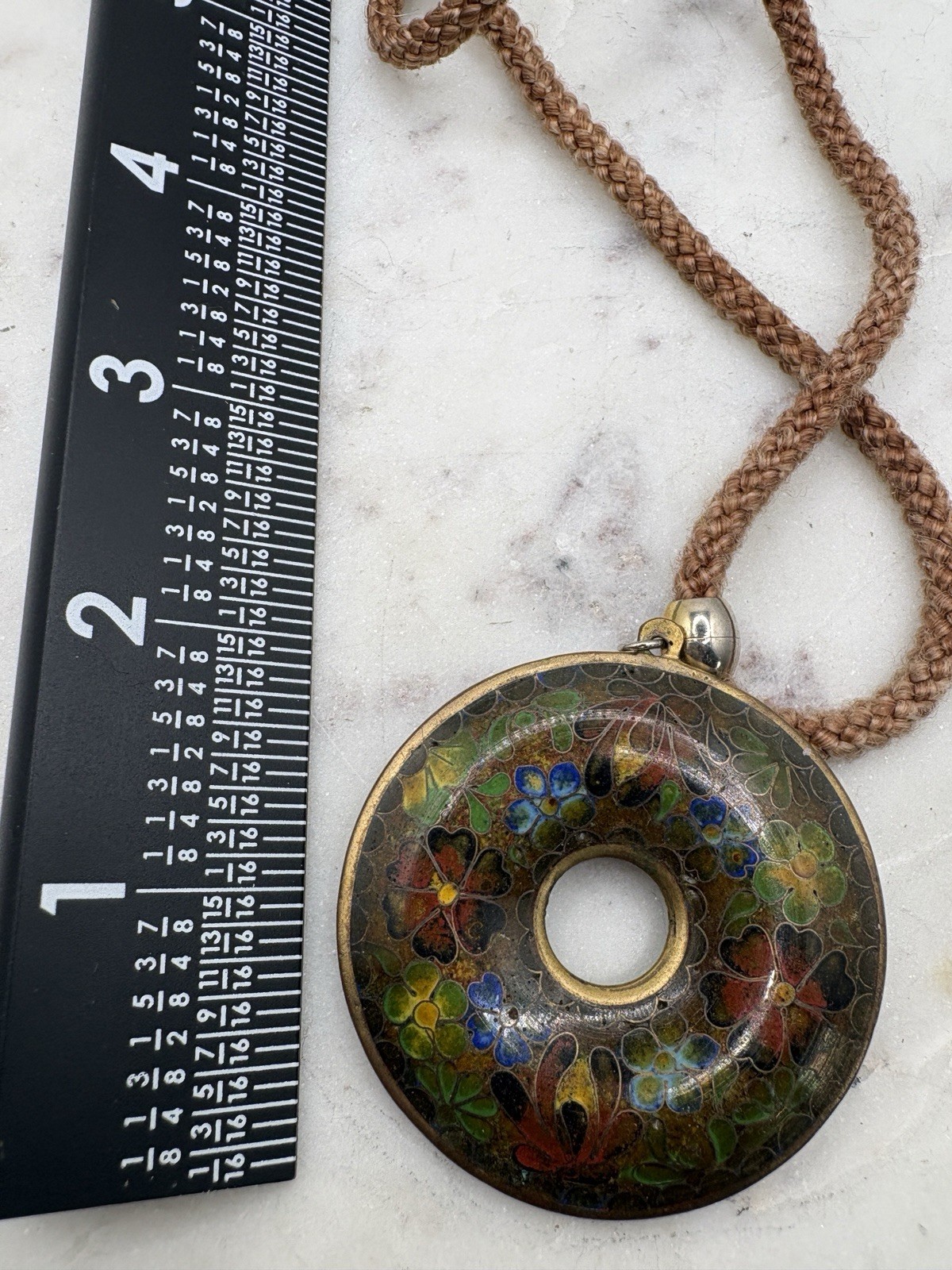 Vintage Cloisonné 1970s Large Hand Painted Enamel Floral Donut Pendant Necklace
