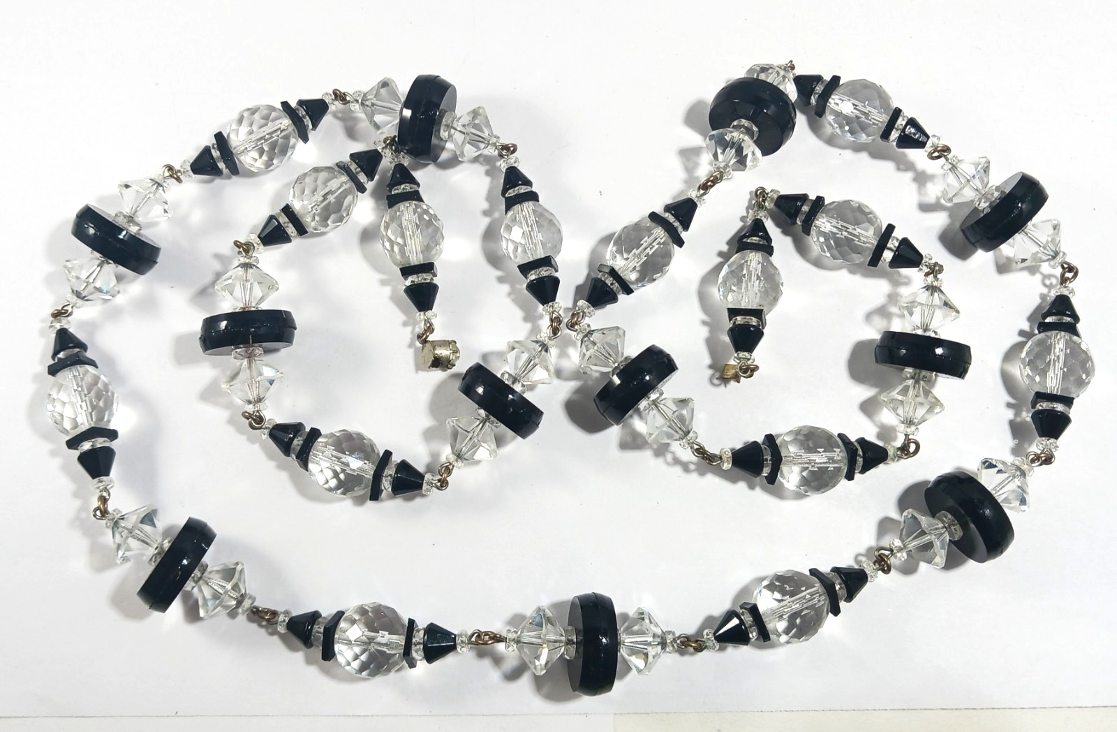 Art Deco Black & Clear Crystal Glass Beaded Necklace ~ 40 Inches