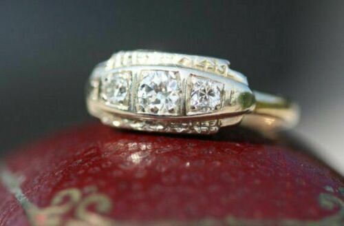 5/6CTW White Round Moissanite Antique Three Stone Vintage Ring In 14K White Gold
