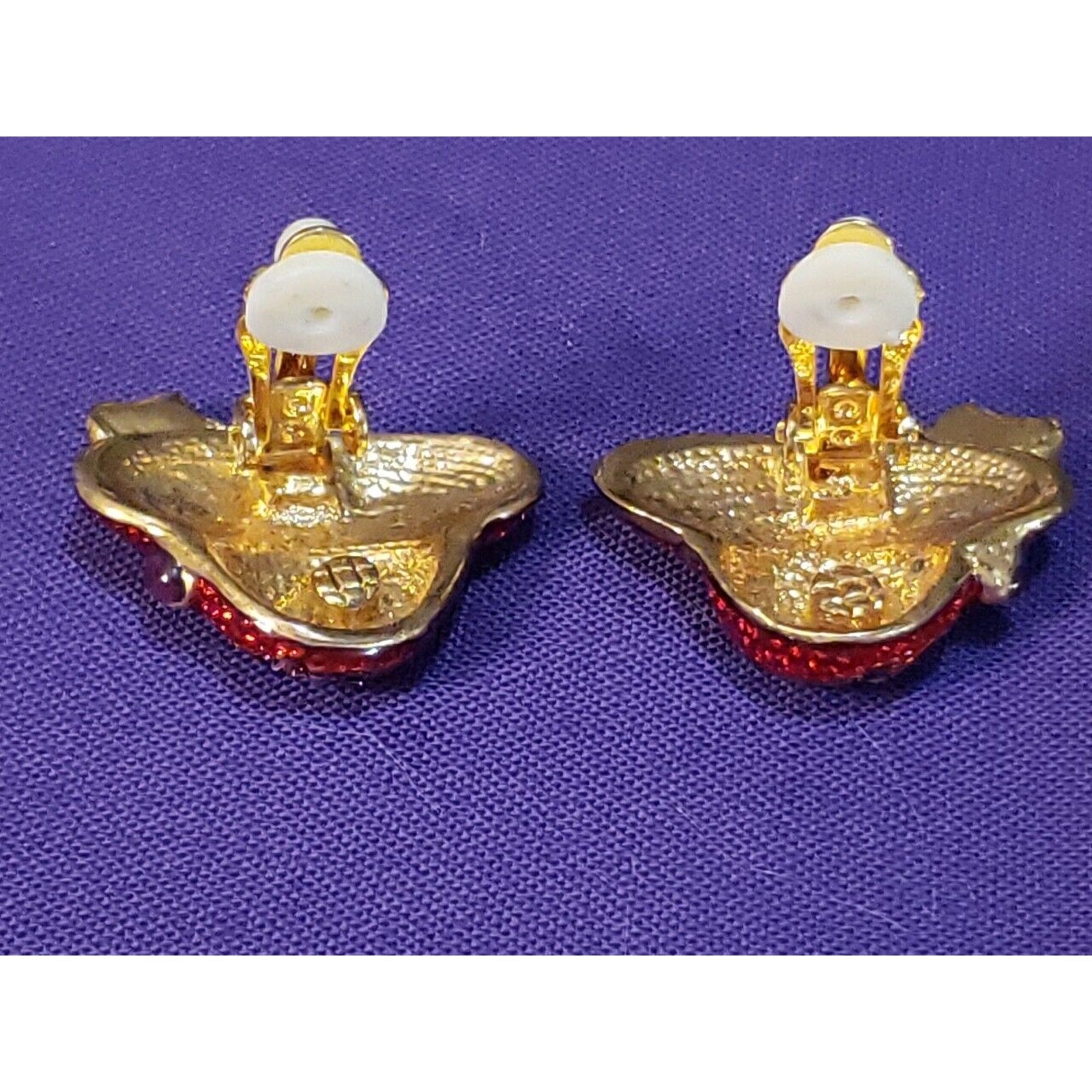 Red Hat Clip On Earrings, Red & Purple Enamel Aurora Borealis Crystals Gold Tone