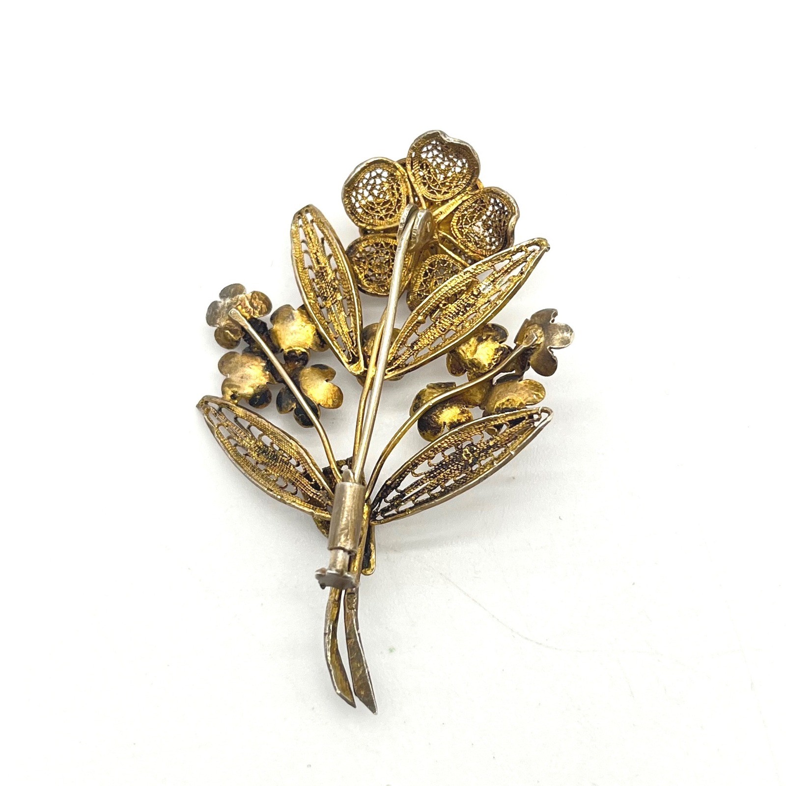 Vintage 800 Silver Filigree Floral Bouquet Brooch Gold Wash Flower Pin 2 Inch
