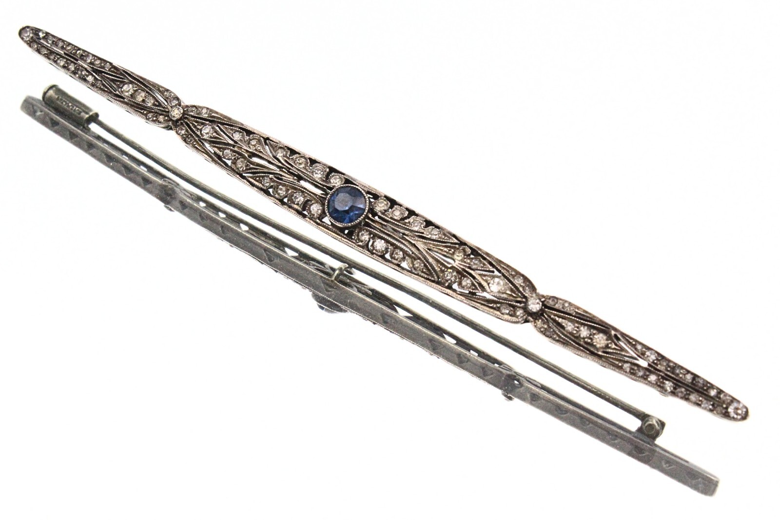 Antique French Edwardian Coin Slver Paste Glass Blue 5″ Trombone Bar Pin
