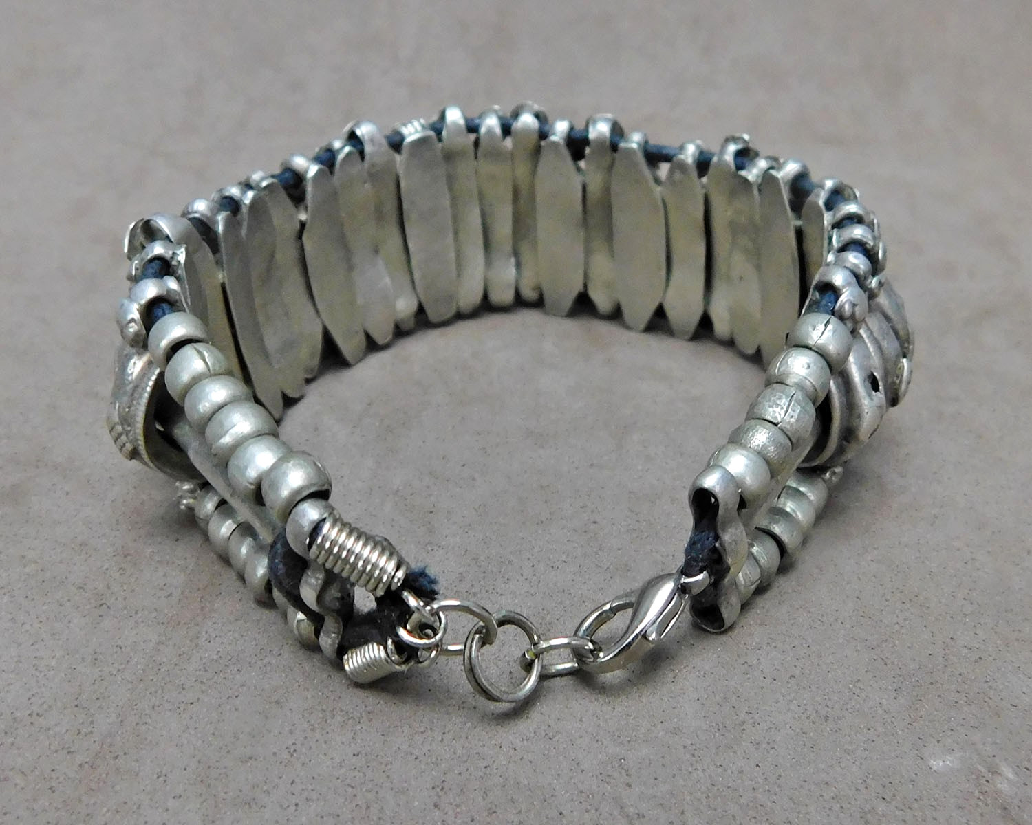 Vintage Handmade Segmented Silver Tone Metal Bracelet Small Stone Clean Used