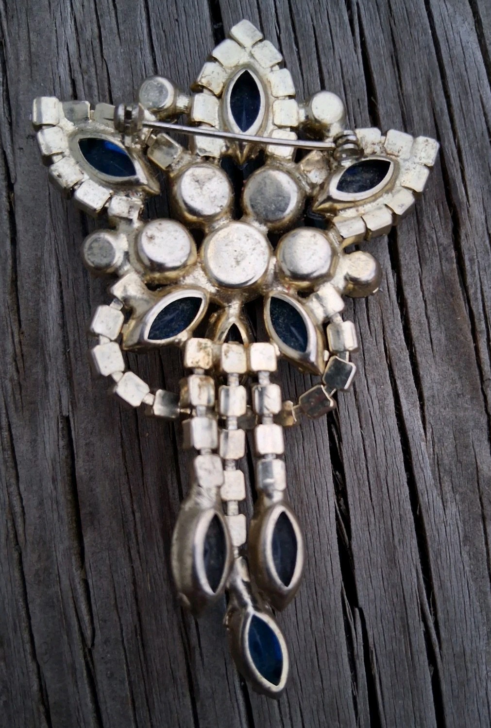 Vtg 1950s Rhinestone Brooch Blue & Lime Green Glass Austrian Tassel Unsigned