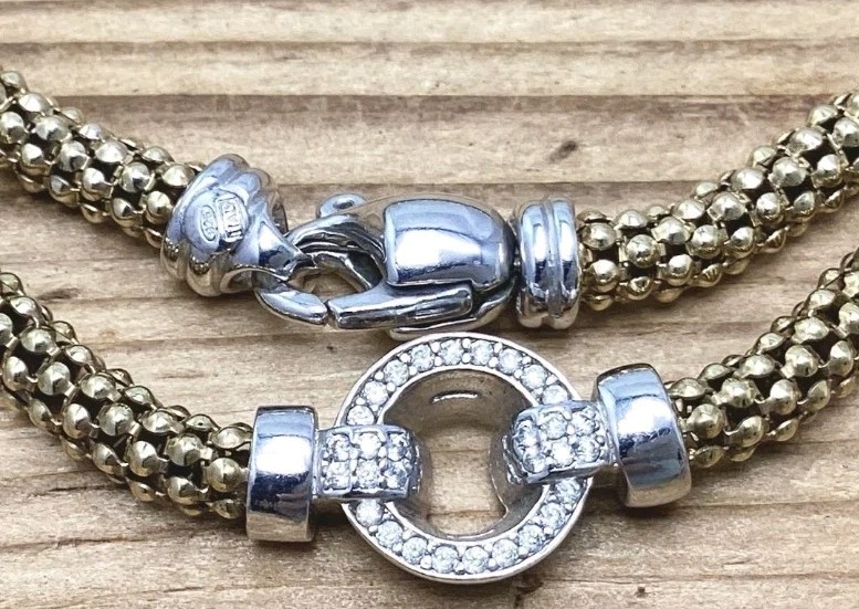 Vintage Dyadema Gold & Silver Popcorn Chain Necklace With CZ Clasp