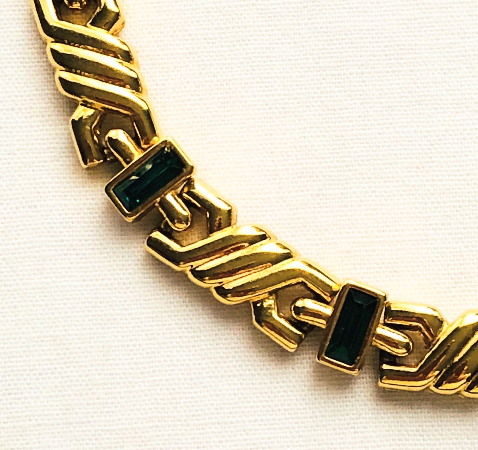 Simulated Emerald Link Bracelet May Birthstone 90s Etruscan Style Jewelry 7″