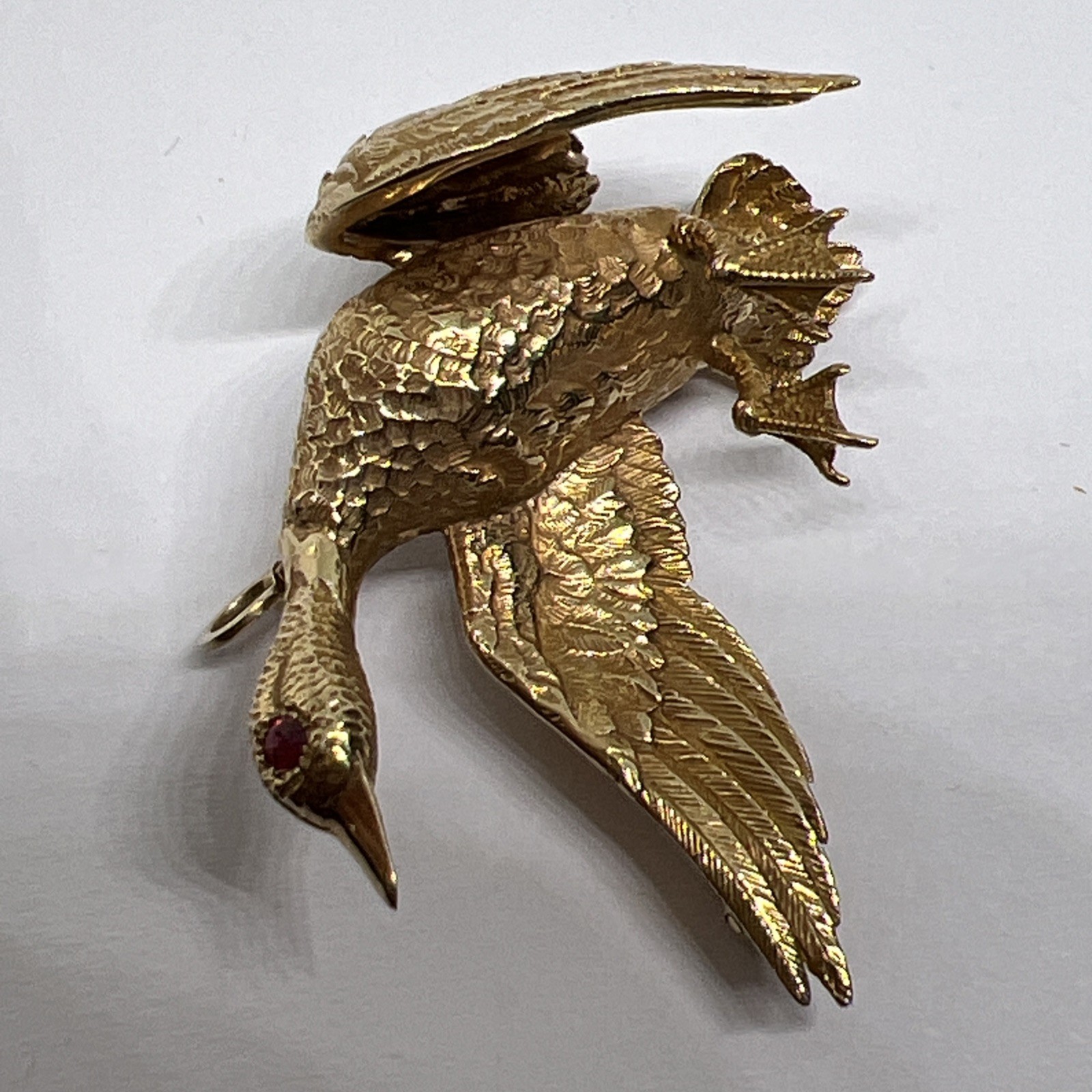 Vintage 14K Gold Mallard Duck Brooch Pendant 12.4g Ruby Eye Convertible