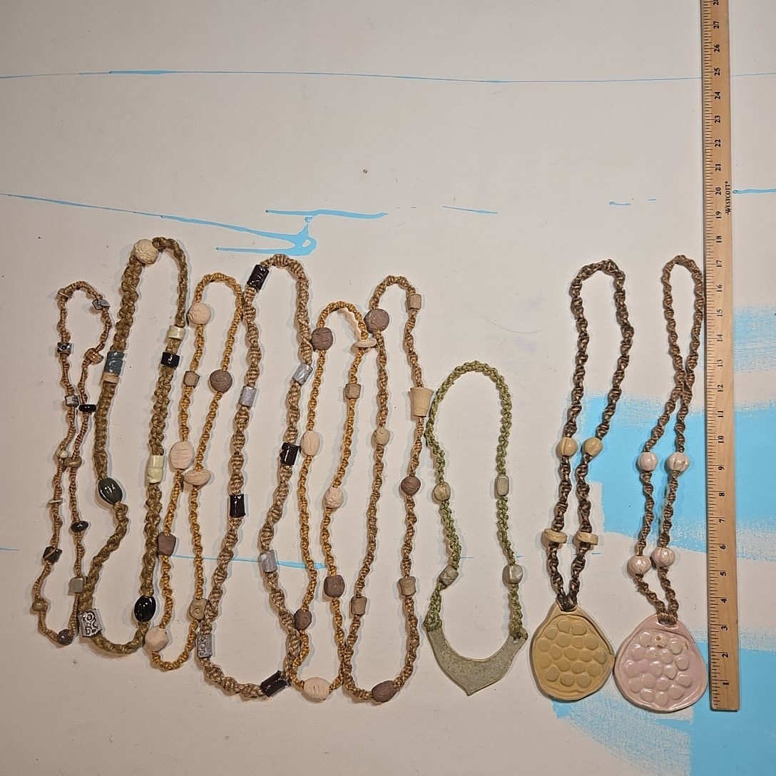 VTG 70s 80s Pottery Clay Bead Necklaces 9pc Signed Artisan Macrame Hemp 12-18in