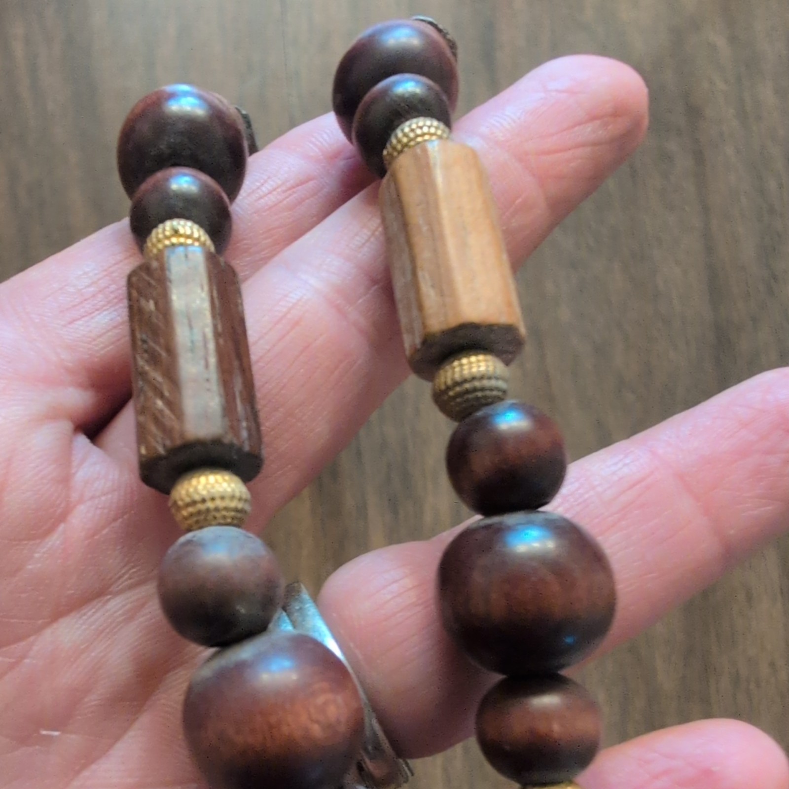 Vintage Art Deco necklace with brown and gold wooden beads boho cottage core MCM