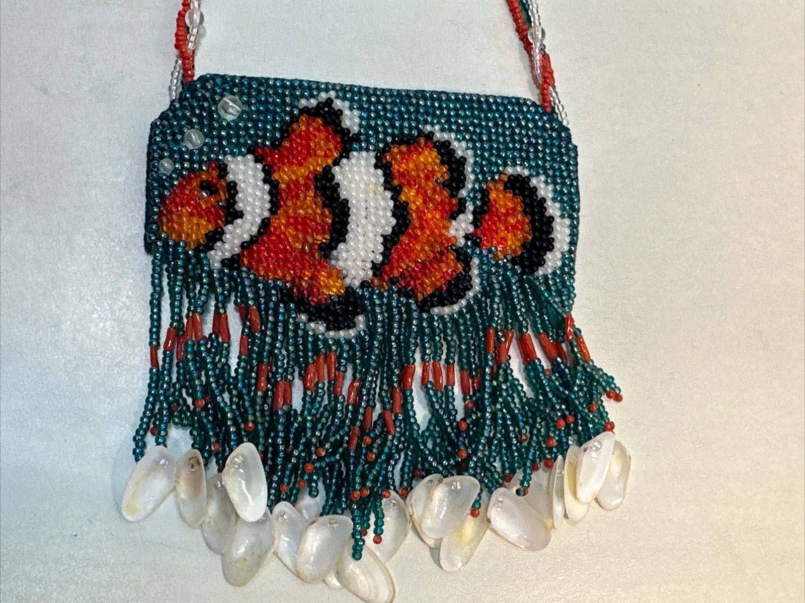 Vintage Handmade Orange Fish Sead Bead Southwestern Necklace With Fringe-Shells