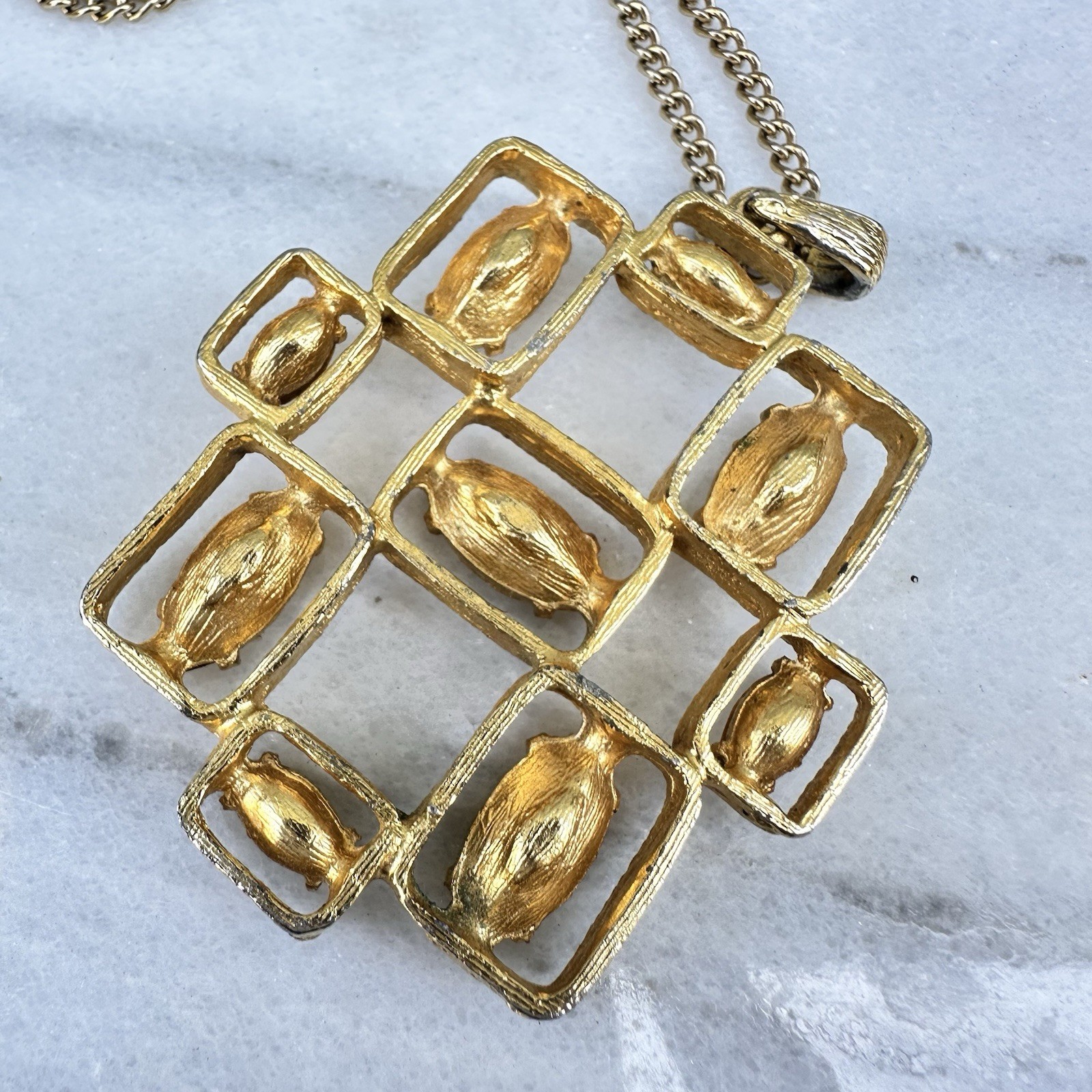 Geometric Mod Rhinestone Necklace Vintage Gold Tone Pendant Modernist Brutalist