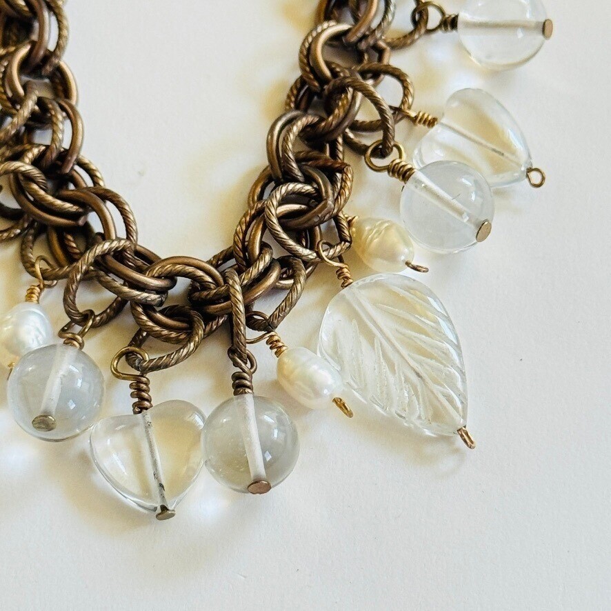 VTG charm Bracelet FreshWater Baroque Pearl glass leaf heart Beaded dangle brass