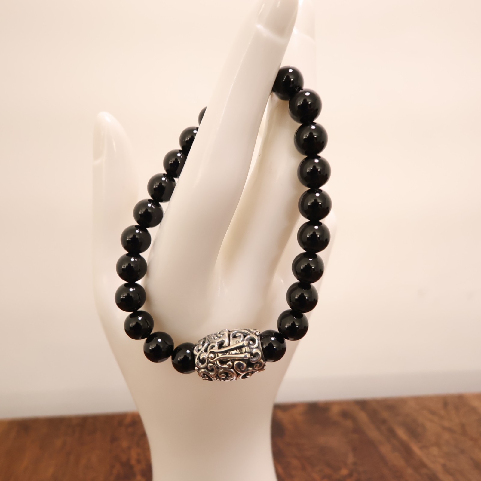 Carolyn Pollack bracelet Relios black onyx beads silver magnetic clasp 6.75in