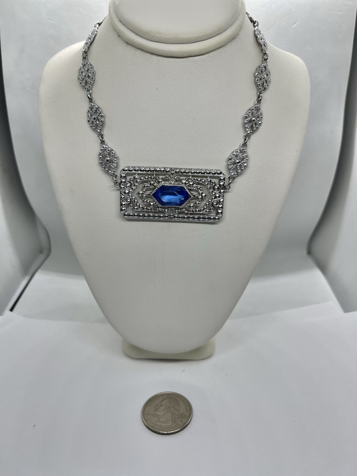 Antique Art Deco Blue Lozenge Shape Plaque Rhodium Plated Sterling Necklace