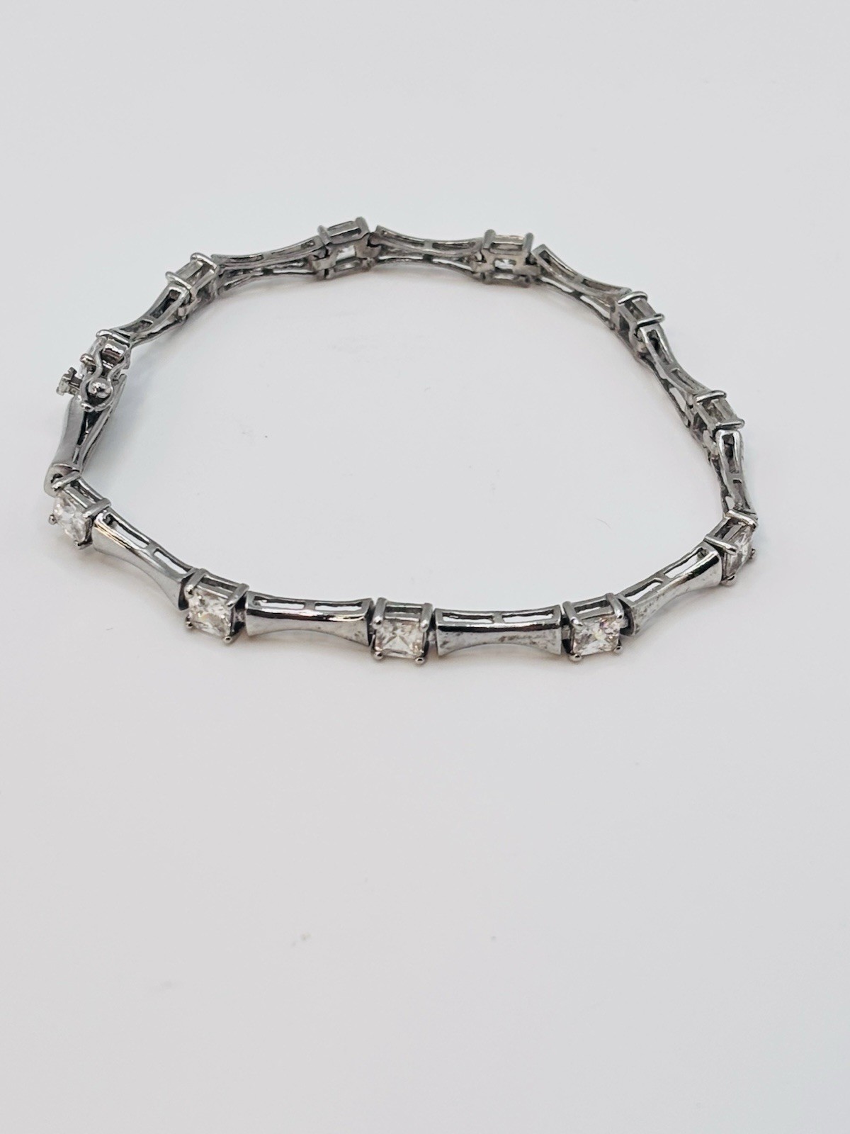 Vintage 925 Sterling Silver Princess Cut CZ Bamboo Link Tennis Bracelet 7″