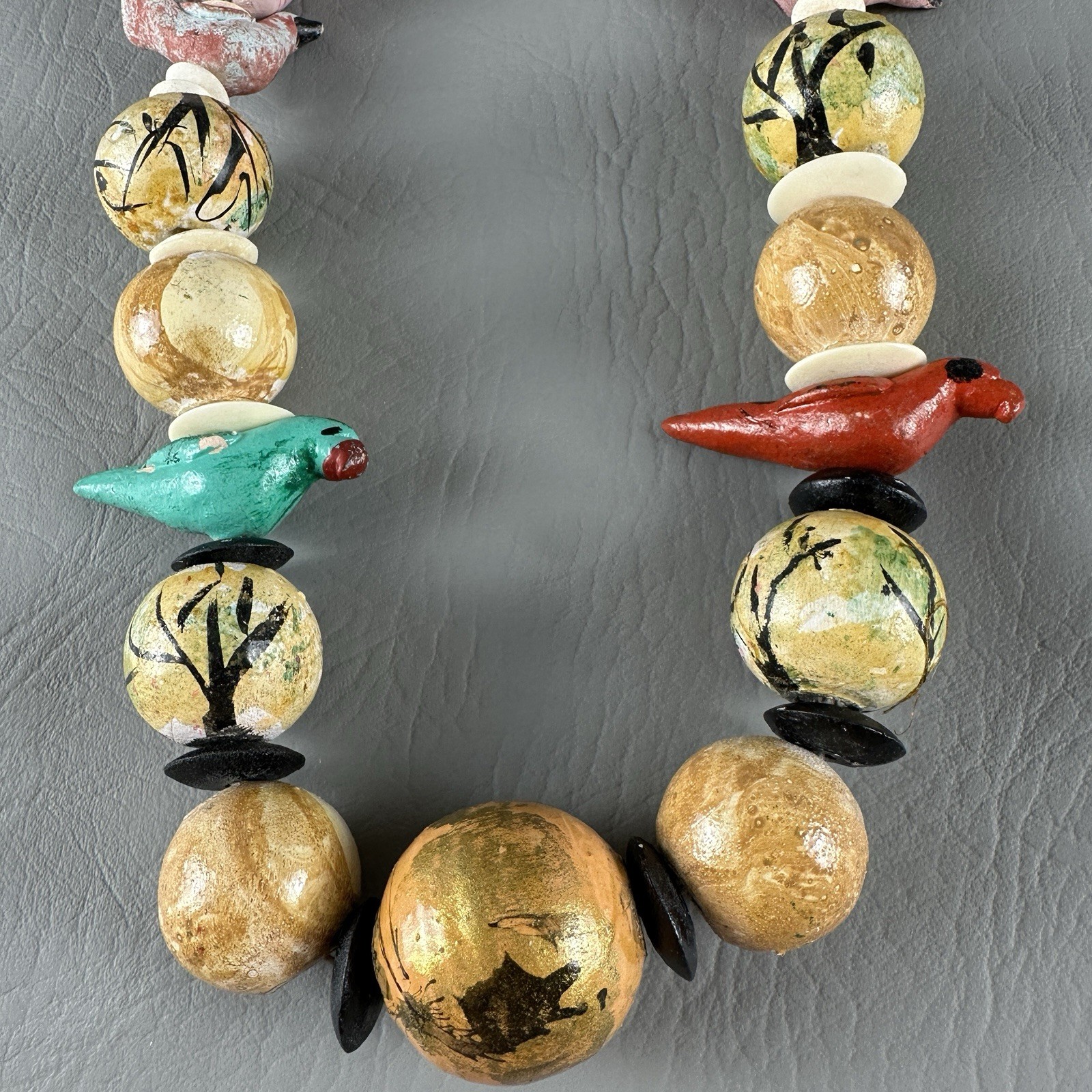 Vintage Hand Painted Necklace Bird Bead Artisan Wood 27”