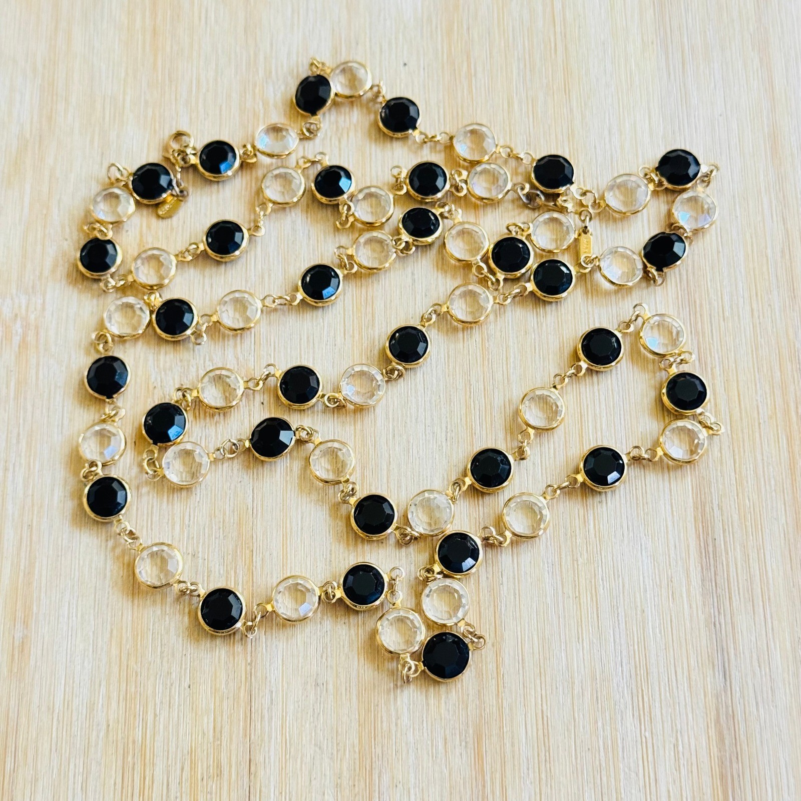 VTG Monet Open Bezel Crystal Necklace Gold Plated Strand Elegant Black Clear 43″