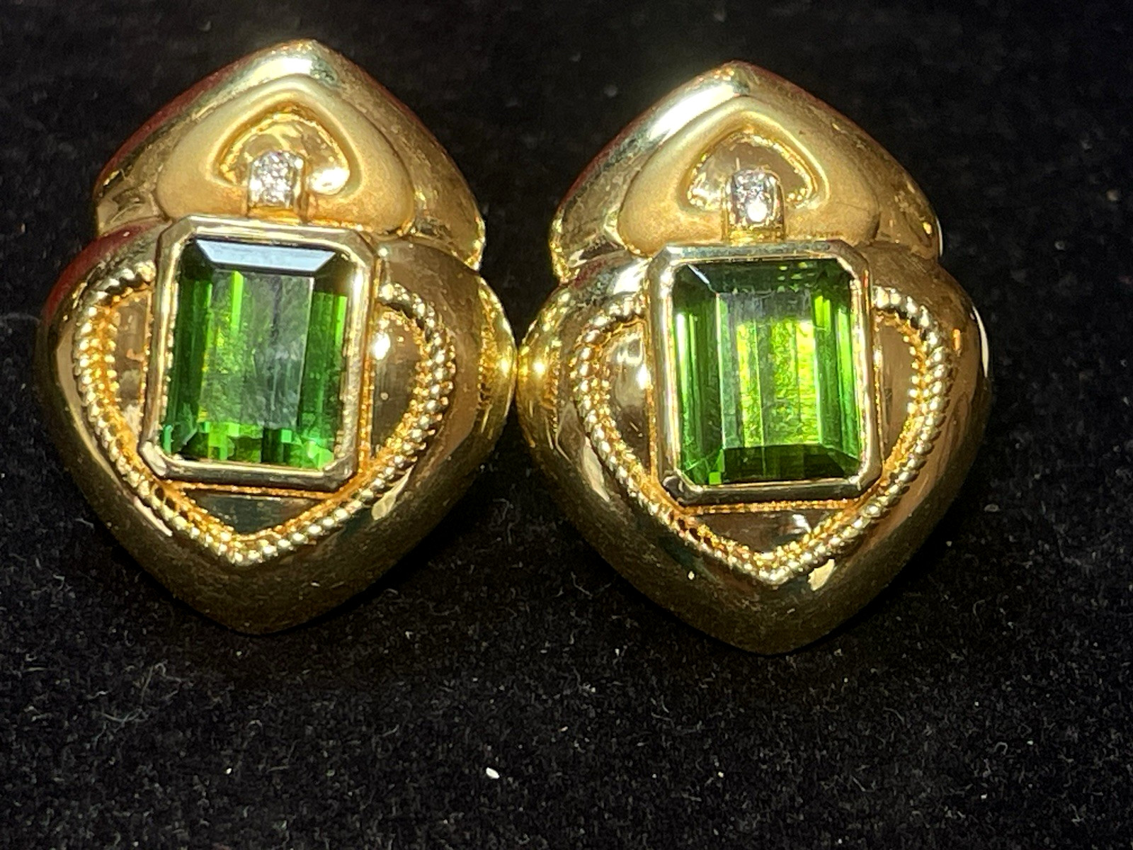 18K GOLD GREEN TOURMALINE & DIAMOND EARRINGS SIGNED OMEGA 23grs APPRAISAL $5,000
